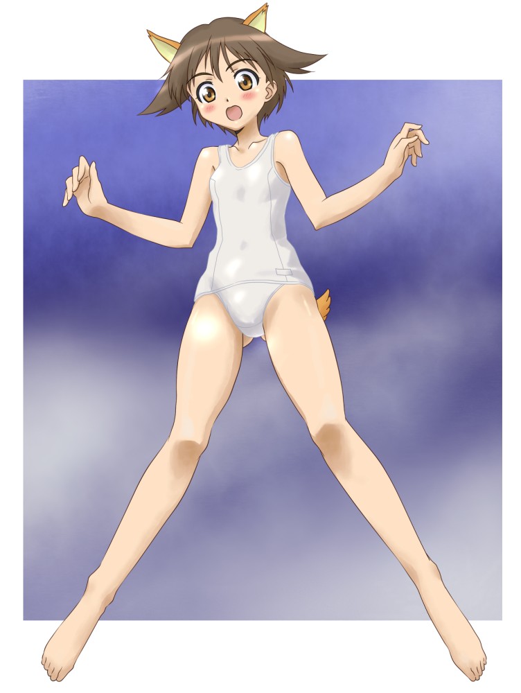 zouni (xavier), miyafuji yoshika, strike witches, world witches series, bad id, bad pixiv id, 00s, 1girl, animal ears, barefoot, blush, brown eyes, brown hair, female focus, full body, legs, one-piece swimsuit, open mouth, school swimsuit, short hair, solo, swimsuit, tail, white one-piece swimsuit, white school swimsuit