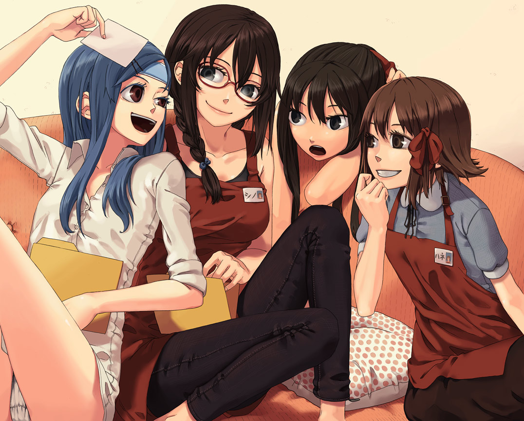 itsutsu, original, bad id, bad pixiv id, 3girls, apron, blue hair, brown hair, glasses, gradient background, multiple girls, panties, underwear, upskirt