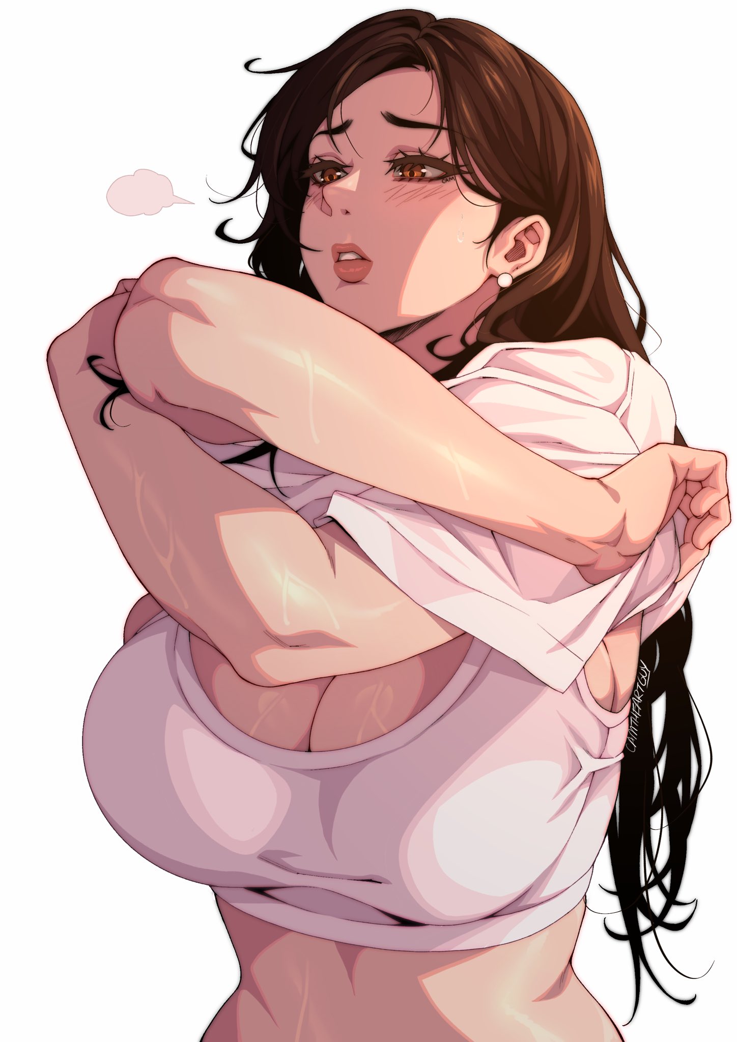 cam the art guy, tifa lockhart, final fantasy, highres, non-web source, 1girl, black hair, breasts, earrings, jewelry, large breasts, long hair, stomach, sweat, tank top, undressing
