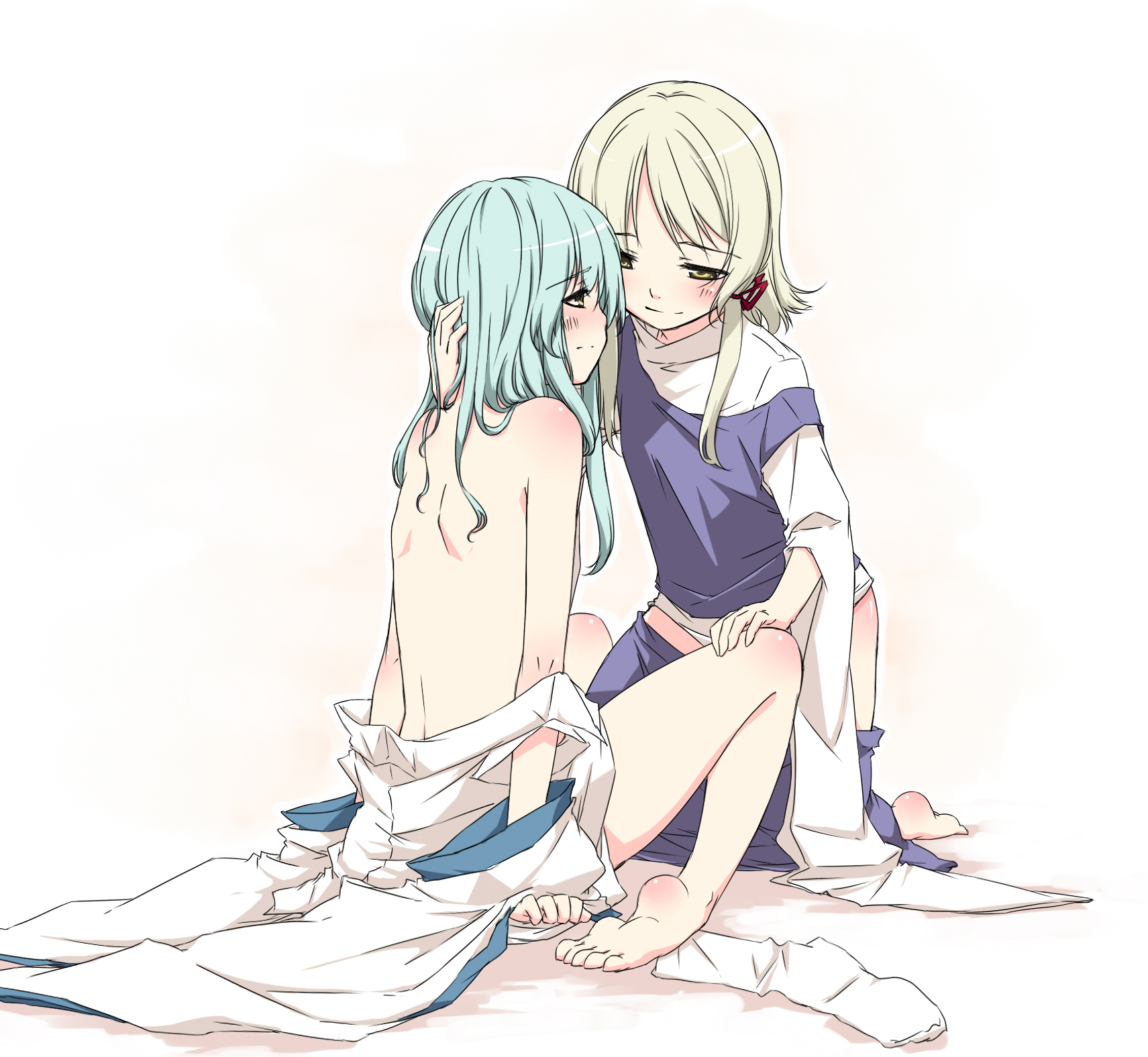 sakuraba yuuki, kochiya sanae, moriya suwako, touhou, highres, 2girls, barefoot, blush, feet, female focus, flat chest, incest, multiple girls, topless female, undressing, yuri