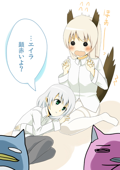 roas, eila ilmatar juutilainen, normad, sanya v. litvyak, galaxy angel, strike witches, world witches series, bad id, bad pixiv id, translated, 00s, 2girls, animal ears, black pantyhose, blush, crossover, green eyes, lap pillow, multiple girls, pantyhose, speech bubble, surprised, tail, wavy mouth, white pantyhose