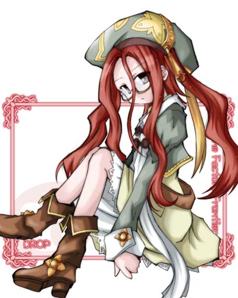 sanari (quarter iceshop), drop (rune factory), rune factory, rune factory frontier, 1girl, 2000s (style), boots, brown boots, character name, copyright name, full body, glasses, grey eyes, hair between eyes, hat, juliet sleeves, long hair between eyes, long sleeves, pale skin, puffy sleeves, red background, red hair, sitting, solo, twintails
