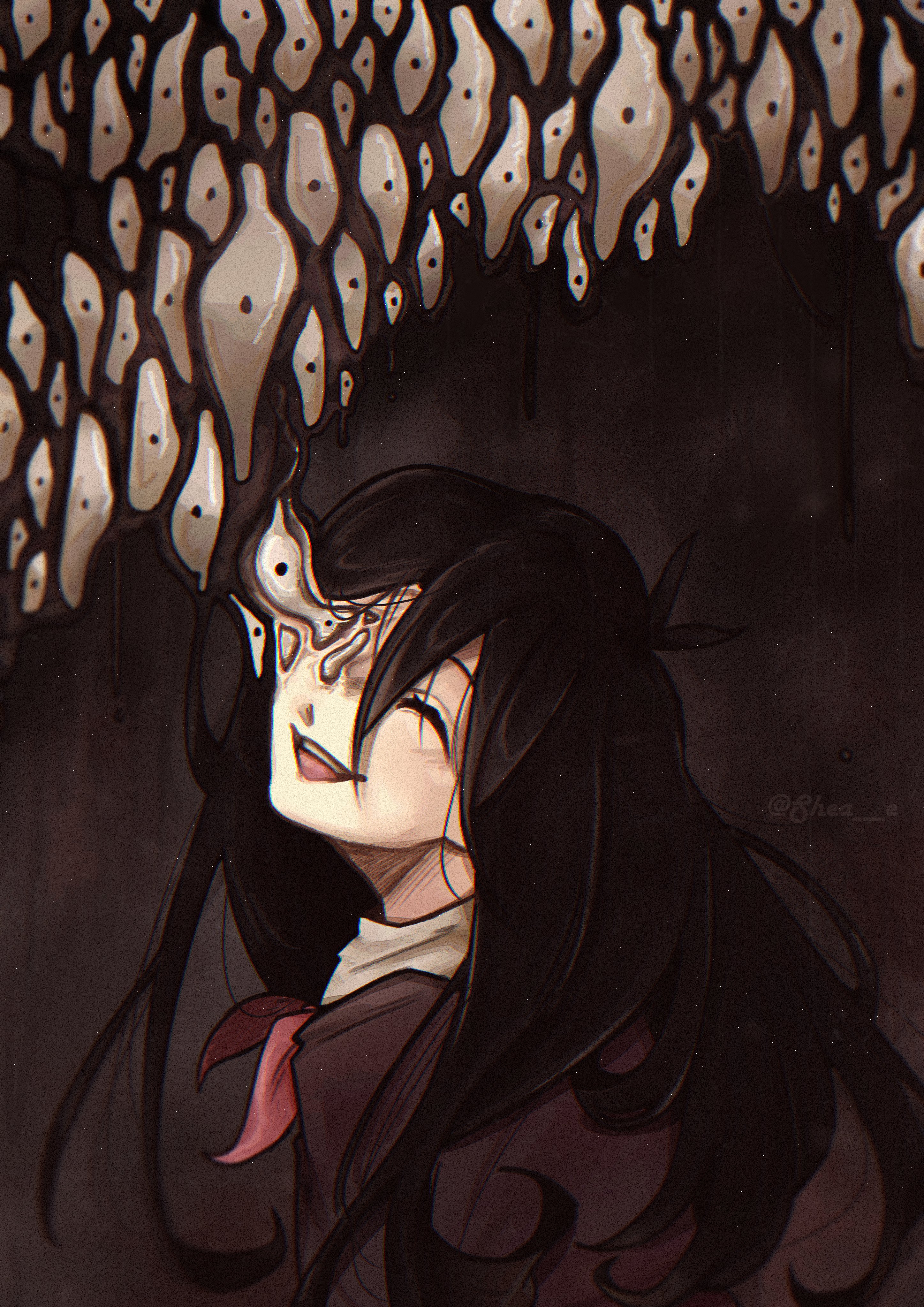 shea e, mari (faraway) (omori), mari (omori), something (omori), omori, absurdres, highres, spoilers, 1girl, antenna hair, black hair, black sweater vest, collared shirt, double-parted bangs, hair between eyes, long hair, looking at viewer, neckerchief, one eye closed, open mouth, red neckerchief, shirt, smile, solo, sweater vest, teeth, tongue, upper teeth only, white shirt