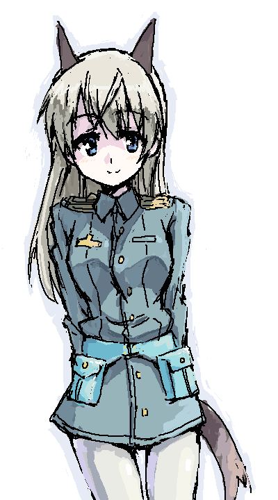 kurou (artist), eila ilmatar juutilainen, strike witches, world witches series, white legwear, 00s, 1girl, animal ears, blonde hair, blue eyes, female focus, fox ears, fox tail, long hair, military, military uniform, solo, tail