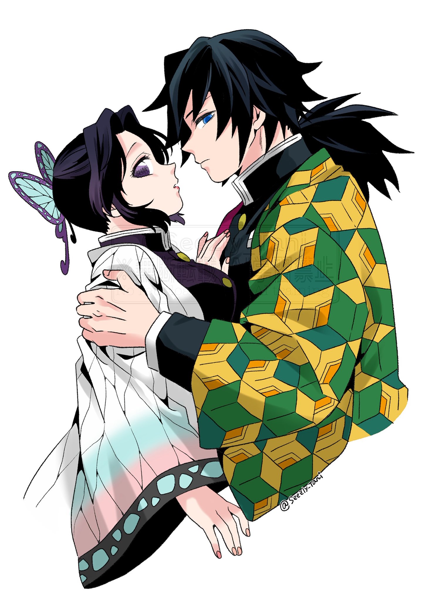 seezly tani, kochou shinobu, tomioka giyuu, kimetsu no yaiba, highres, 1boy, 1girl, animal print, black hair, black jacket, blue eyes, breasts, butterfly hair ornament, butterfly print, buttons, couple, demon slayer uniform, hair ornament, hand on another's chest, hand on another's shoulder, haori, hetero, imminent kiss, jacket, japanese clothes, long hair, looking at viewer, low ponytail, medium breasts, parted bangs, parted lips, ponytail, print haori, purple eyes, purple hair, sidelocks, twitter username, updo, upper body, white background