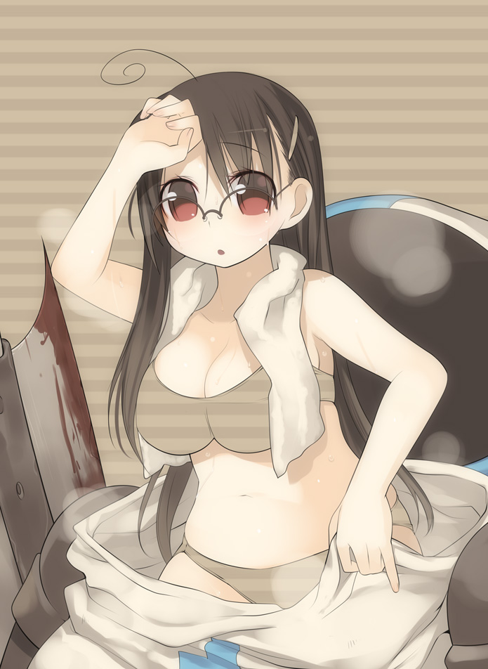 kashiwamochi yomogi, arima senne, castle crashers, original, 1girl, ahoge, blood, bra, breasts, brown hair, cleavage, female focus, glasses, hair ornament, hairclip, lingerie, long hair, panties, pinky out, red eyes, siblings, solo, towel, underwear
