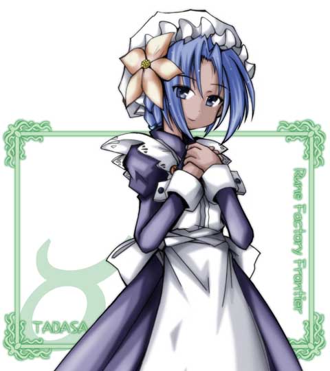sanari (quarter iceshop), tabatha, rune factory, rune factory frontier, 1girl, 2000s (style), apron, blue eyes, blue hair, bonnet, character name, closed mouth, copyright name, cowboy shot, dark-skinned female, dark skin, flower, frilled bonnet, frills, green background, hat, hat flower, juliet sleeves, long sleeves, maid, puffy sleeves, short hair, smile, solo, straight hair, white apron, white bonnet