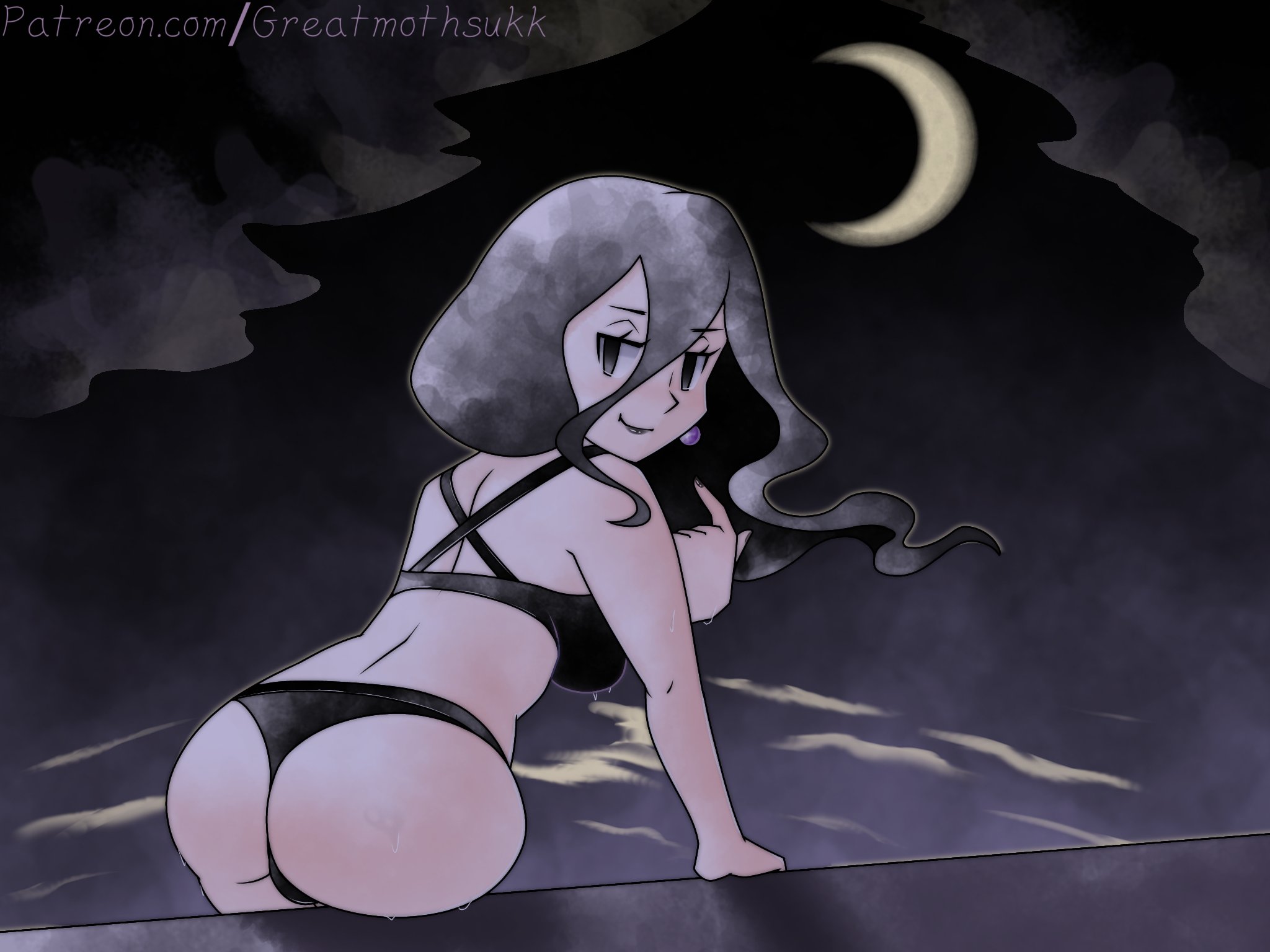 greatmothsucks, hex maniac (pokemon legends: z-a), nintendo, pokemon, pokemon legends: z-a, highres, paid reward available, 1girl, bikini, black bikini, black hair, breasts, earrings, hair between eyes, jewelry, long hair, looking at viewer, moon, poolside, retro artstyle, sphere earrings, sugimori ken (style), swimsuit