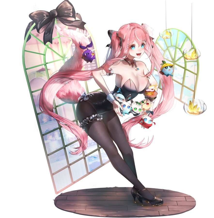 negativetabami, yuniiho (vtuber), indie virtual youtuber, second-party source, 1girl, animal ears, black bow, black bowtie, black shoes, blue eyes, bow, bowtie, breasts, cleavage, dog ears, dog girl, dog tail, high heels, holding, leaning forward, leotard, long hair, multicolored hair, open mouth, pantyhose, pink hair, shoes, smile, strapless, strapless leotard, streaked hair, tail, virtual youtuber, white wrist cuffs, window, wrist cuffs
