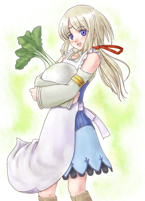 urara (dt8), mist (rune factory), rune factory, rune factory 1, 1girl, :d, alternate costume, apron, blonde hair, blue dress, blue eyes, collarbone peek, dress, food, green background, holding, holding food, holding vegetable, low ponytail, open mouth, oversized food, oversized object, pale skin, ponytail, smile, solo, turnip, vegetable, white apron