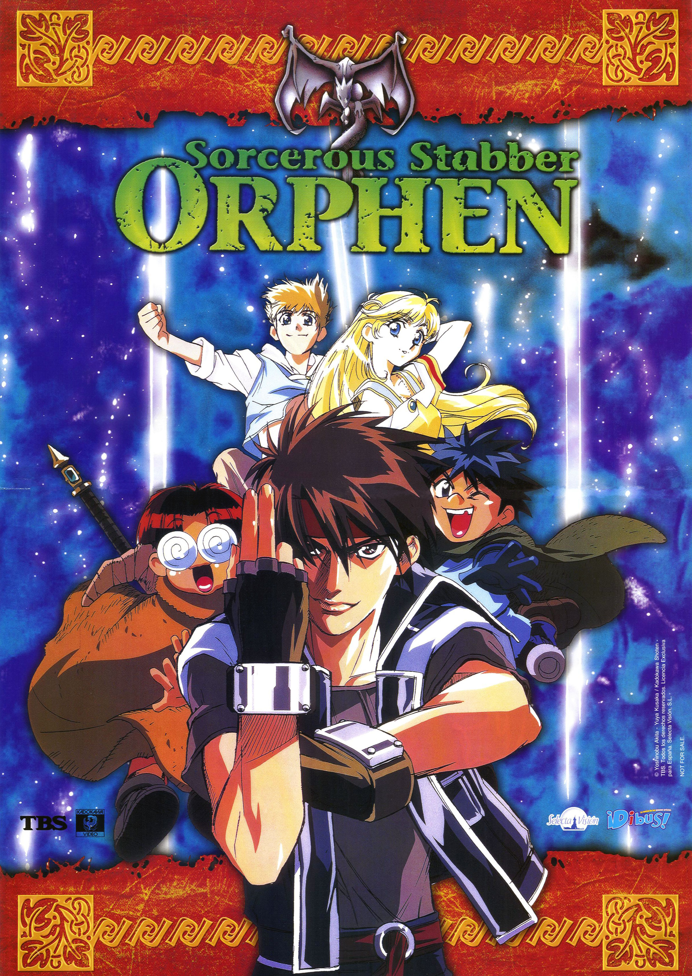 cleo everlastin, dortin, majic lin, orphen, volkan, majutsushi orphen, absurdres, highres, scan, 1girl, 4boys, blonde hair, blue eyes, fingerless gloves, glasses, gloves, headband, long hair, multiple boys, one eye closed, open mouth