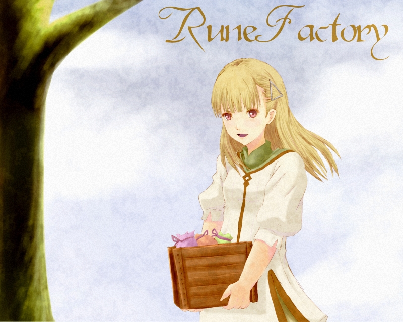 k.k, rosetta, rune factory, rune factory 1, 1girl, blonde hair, box, copyright name, hair ornament, hairclip, holding, holding box, long hair, open mouth, puffy sleeves, red eyes, solo, straight hair, tree, upper body