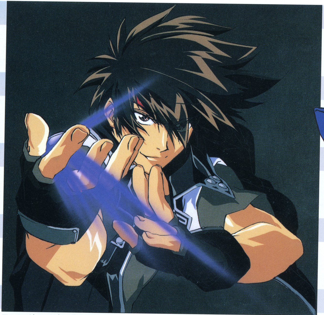 orphen, majutsushi orphen, highres, scan, 1boy, black hair, fingerless gloves, gloves, headband, male focus, solo