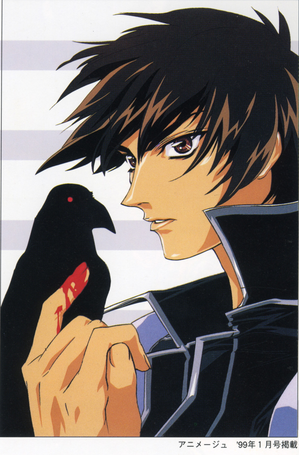 orphen, majutsushi orphen, highres, 1boy, bird, black hair, blood, brown eyes, male focus, solo