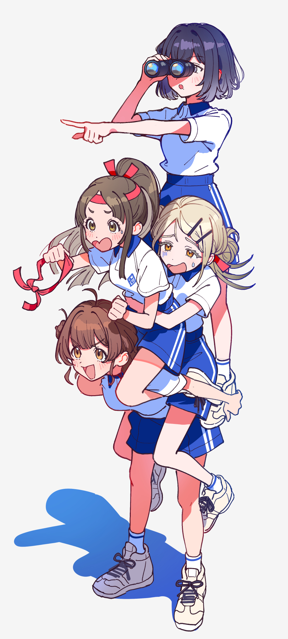 ippan gakumasup, hanami ume, hataya misuzu, kuramoto china, shinosawa hiro, gakuen idolmaster, idolmaster, commentary request, highres, 4girls, bare legs, binoculars, black hair, blonde hair, blue collar, blue shorts, brown hair, carrying, collar, contrast collar, full body, gym shirt, gym uniform, headband, holding, holding binoculars, hug, hug from behind, looking ahead, mole, mole under mouth, multiple girls, piggyback, pointing, red headband, shadow, shirt, shoes, short sleeves, shorts, smile, sneakers, sweatdrop, v-shaped eyebrows, white shirt, white shoes