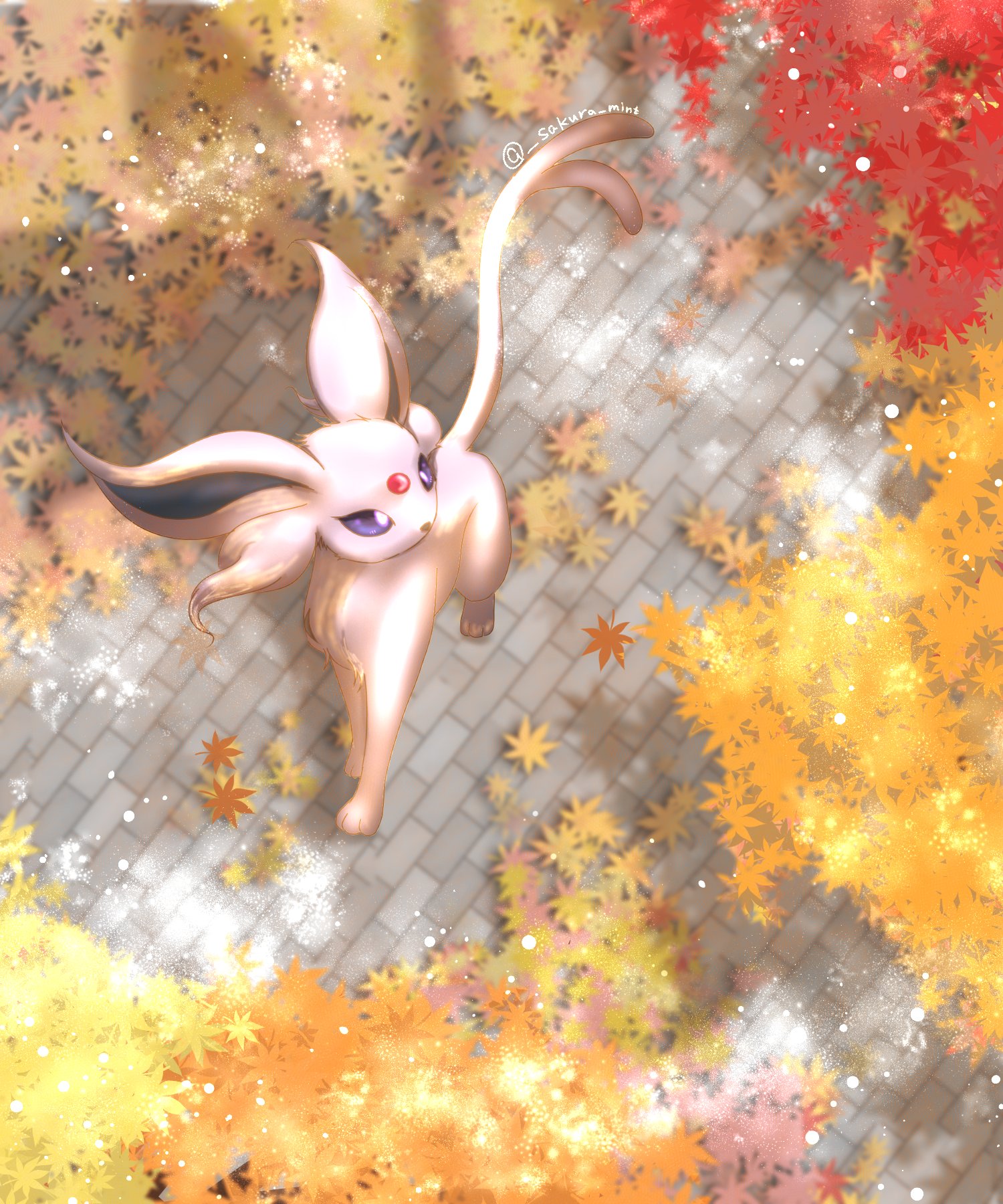 baya (sakura mint), espeon, nintendo, pokemon, highres, animal focus, autumn leaves, colored sclera, forehead jewel, forked tail, full body, gem, gen 2 pokemon, leaf, no humans, outdoors, pokemon (creature), pokemon focus, purple eyes, purple fur, purple sclera, red gemstone, solo, stone walkway, tail