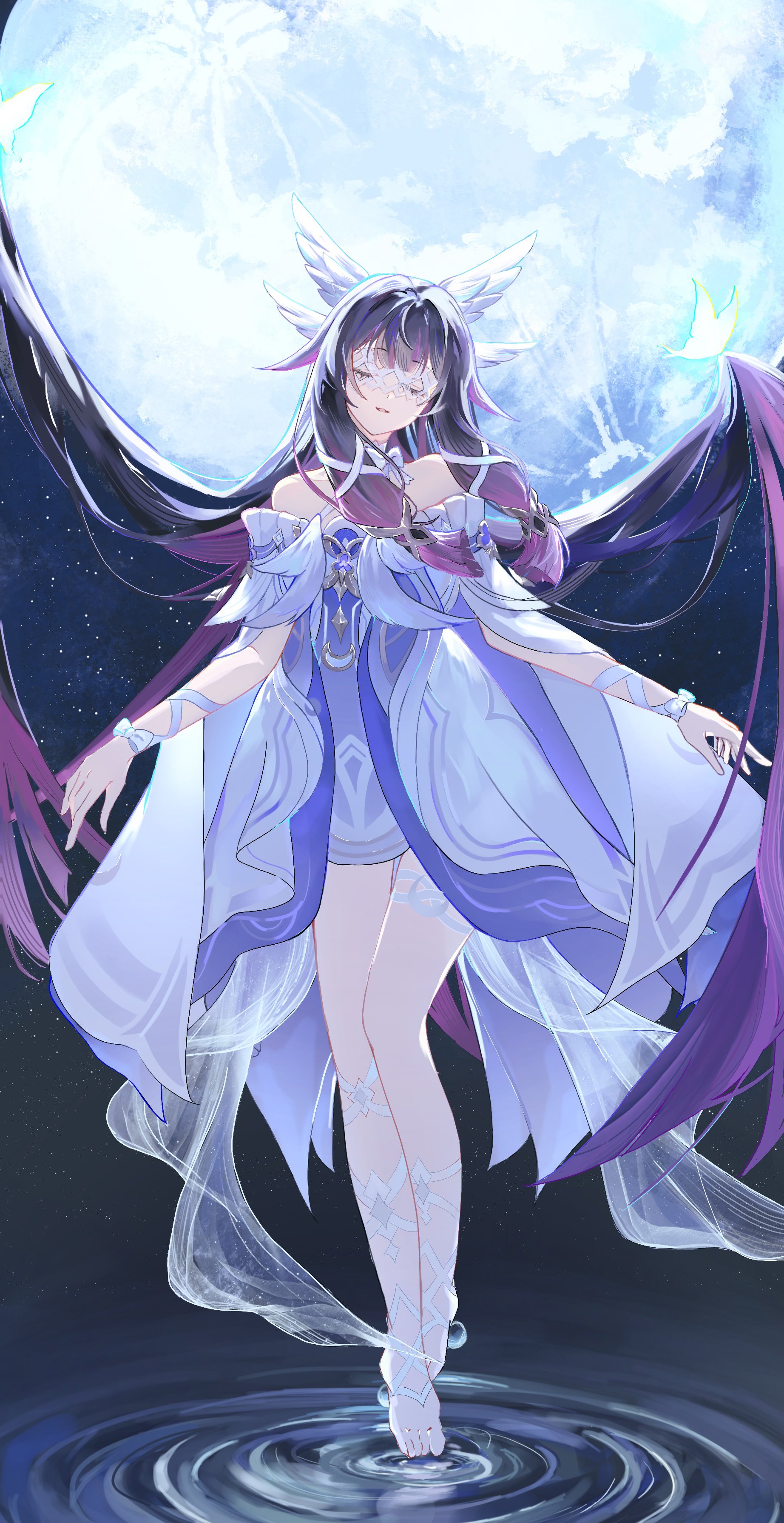 ousssx x, columbina (genshin impact), genshin impact, absurdres, commentary, highres, 1girl, bare legs, bare shoulders, black hair, closed eyes, dress, gradient hair, head wings, long hair, moon, multicolored hair, off-shoulder dress, off shoulder, purple hair, ripples, solo, standing, very long hair, white dress, wings