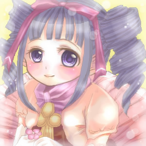 bianca (rune factory), rune factory, lowres, 1girl, 2000s (style), blue eyes, blue hair, blush, closed mouth, drill hair, nana000248, sidelocks, smile, solo, twin drills, yellow background
