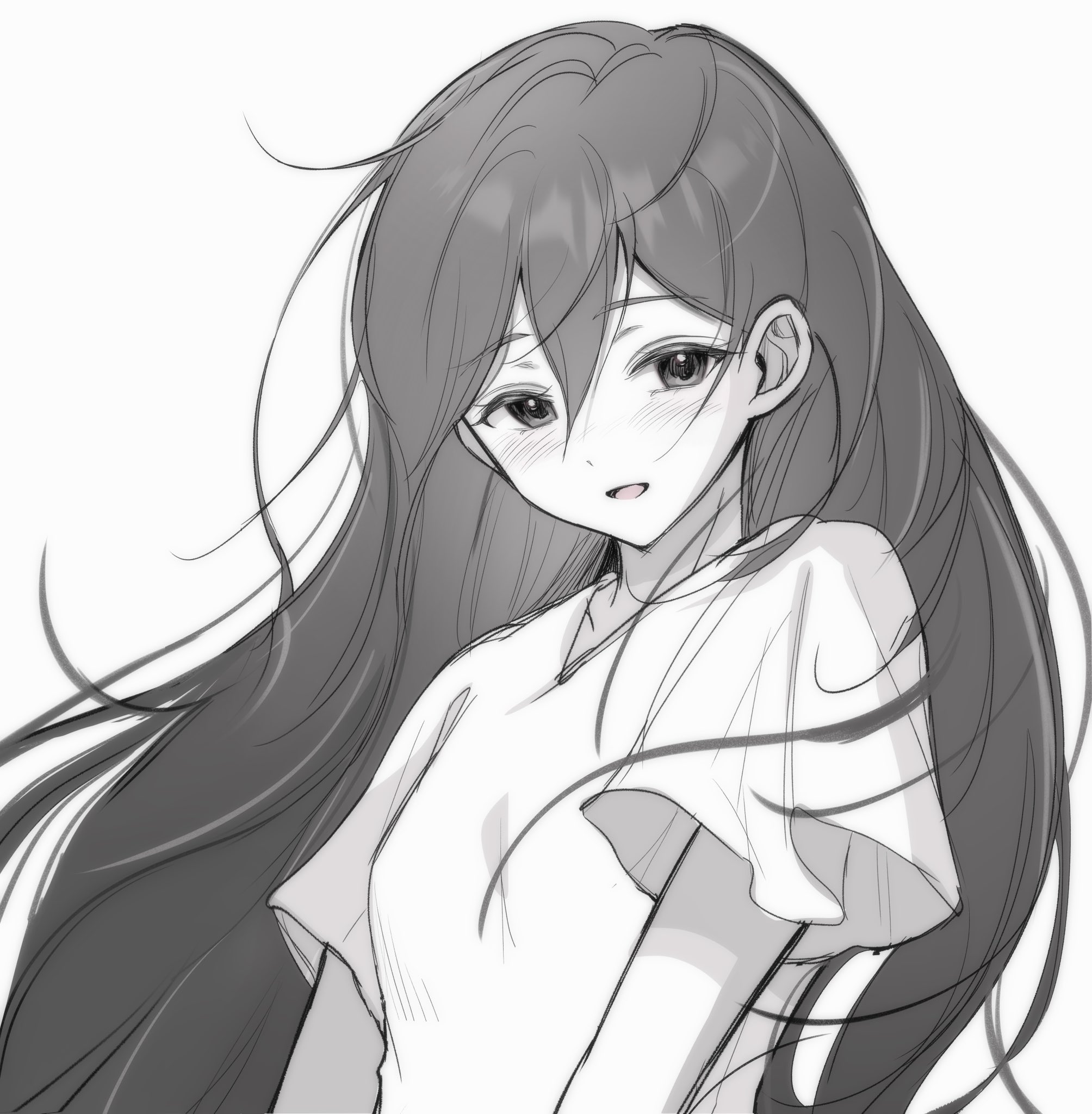 mari (omori), mari (spirit) (omori), omori, highres, 1girl, black eyes, black hair, blush, colored skin, double-parted bangs, dress, hair between eyes, long hair, looking at viewer, open mouth, short sleeves, simple background, smile, solo, upper body, white background, white dress, white skin, wktdms1