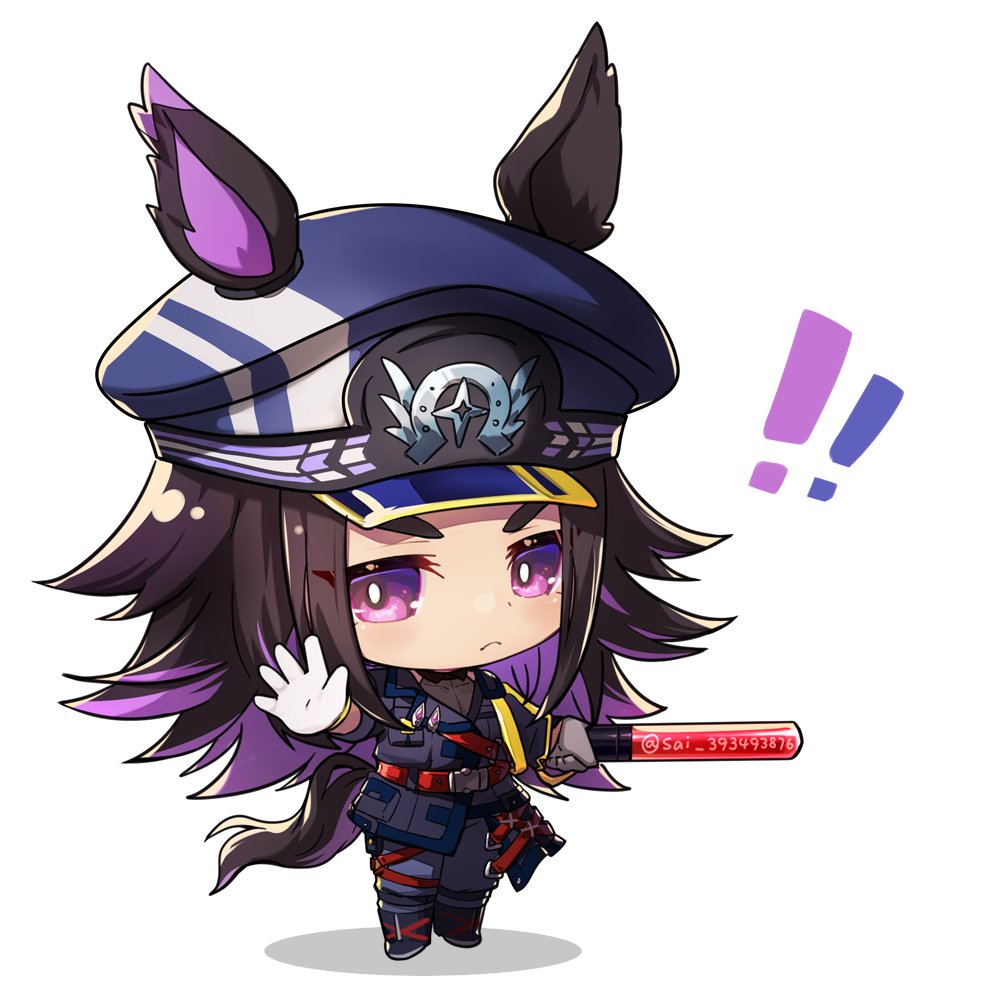 flot, fenomeno (black flames of the righteous spirit) (umamusume), fenomeno (umamusume), umamusume, !, !!, 1girl, animal ears, black hair, blush, chibi, closed mouth, ears through headwear, flipped hair, gloves, hat, holding, holding baton, horse ears, horse girl, horse tail, horseshoe hat ornament, horseshoe ornament, jacket, long hair, long sleeves, looking at viewer, multicolored hair, outstretched arm, pants, peaked cap, purple eyes, purple hair, shirt, shoes, simple background, tail, traffic baton, white background, white gloves
