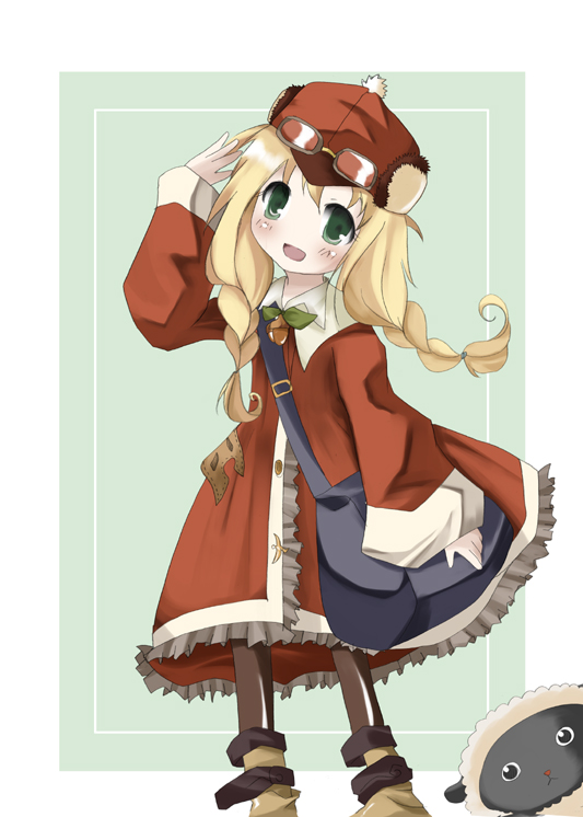 anette, rune factory, rune factory frontier, 1girl, 2000s (style), :d, acorn, bag, blonde hair, braid, fur trim, goggles, goggles on headwear, green background, green eyes, hat, ku rage, leaf, open mouth, outside border, pale skin, red hat, sheep, shoulder bag, smile, solo focus, twin braids, wooly (rune factory)