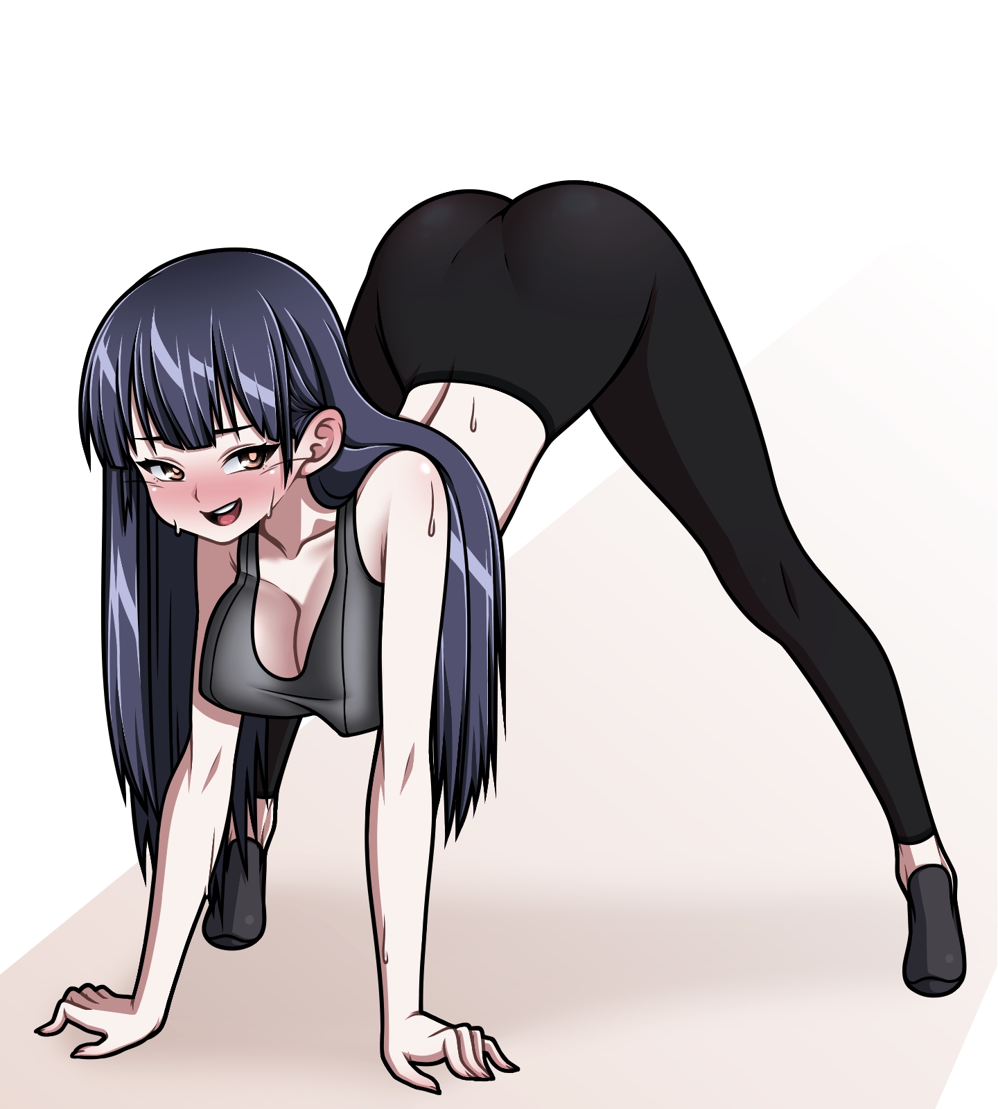 eron, yamada anna, boku no kokoro no yabai yatsu, highres, variant set, 1girl, ass, bare shoulders, black leggings, black shoes, blue hair, blush, bra, breasts, collarbone, embarrassed, female focus, full body, grey bra, large breasts, leggings, long hair, looking back, open mouth, shoes, smile, solo, sports bra, tall female, teeth, top-down bottom-up, underwear, upper teeth only, yellow eyes