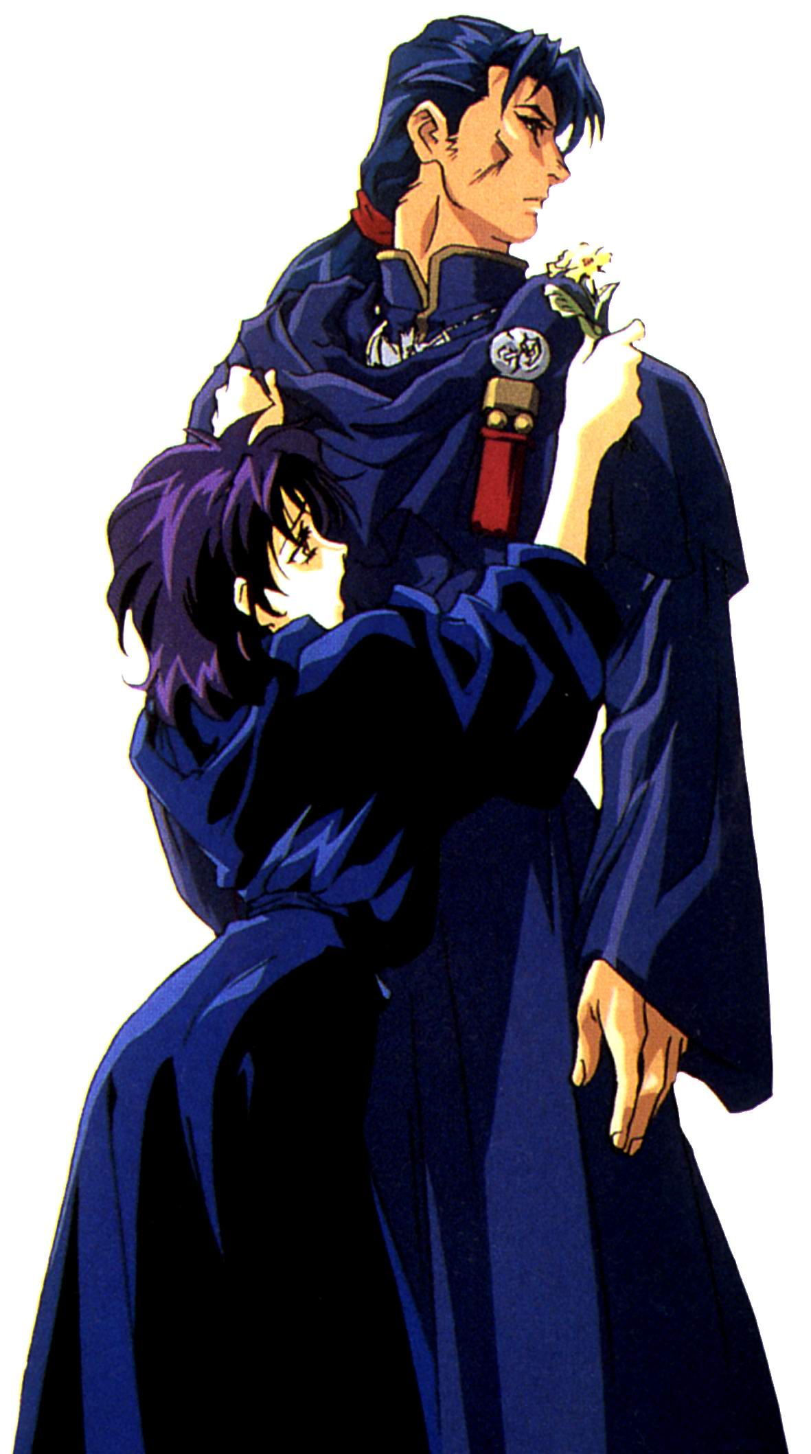 azalie cait sith, childman powderfield, majutsushi orphen, highres, scan, 1boy, 1girl, blue hair, flower, long hair, ponytail, purple hair, short hair