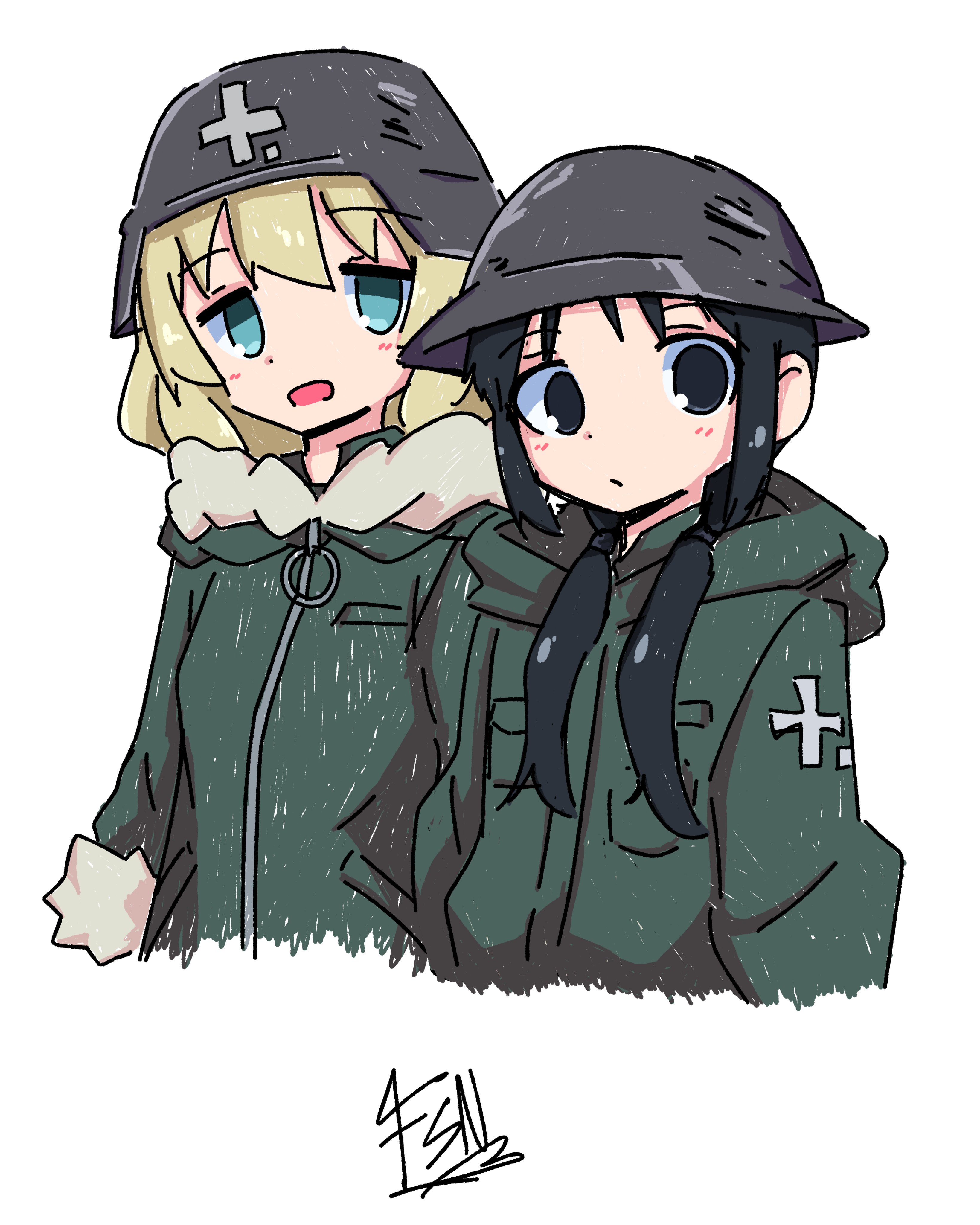 frasenu, shoujo shuumatsu ryokou, absurdres, highres, 2girls, black eyes, black hair, blonde hair, blue eyes, military uniform, multiple girls, sketch