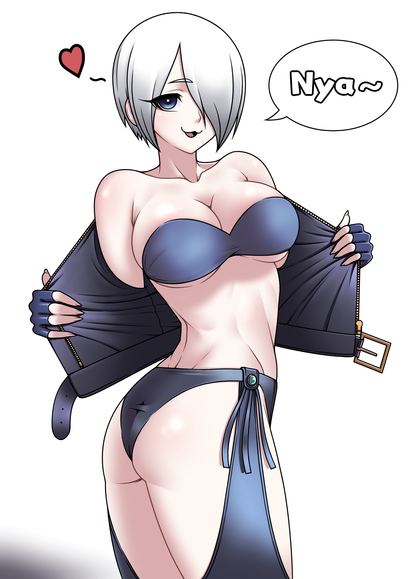eron, angel (kof), snk, the king of fighters, highres, 1girl, ass, black jacket, black panties, blue chaps, blue eyes, blue gloves, blue tube top, breasts, chaps, collarbone, cowboy shot, female focus, fingerless gloves, from side, gloves, grey hair, hair over one eye, hands up, jacket, large breasts, leather, leather jacket, looking at viewer, looking to the side, open clothes, open jacket, open mouth, panties, presenting, shiny skin, short hair, simple background, smile, smug, solo, speech bubble, standing, strapless, tube top, twisted torso, underwear, white background