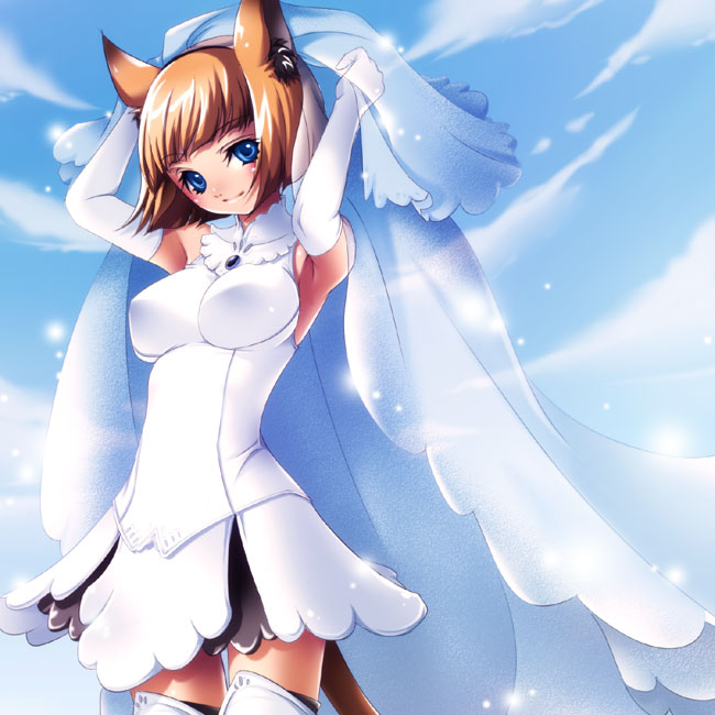 uni (pixiv), uni (uniuni5), mithra (ff11), final fantasy, final fantasy xi, 00s, 1girl, animal ears, blue eyes, bride, cat ears, cat girl, cat tail, dress, female focus, solo, tail, thighhighs, wedding dress