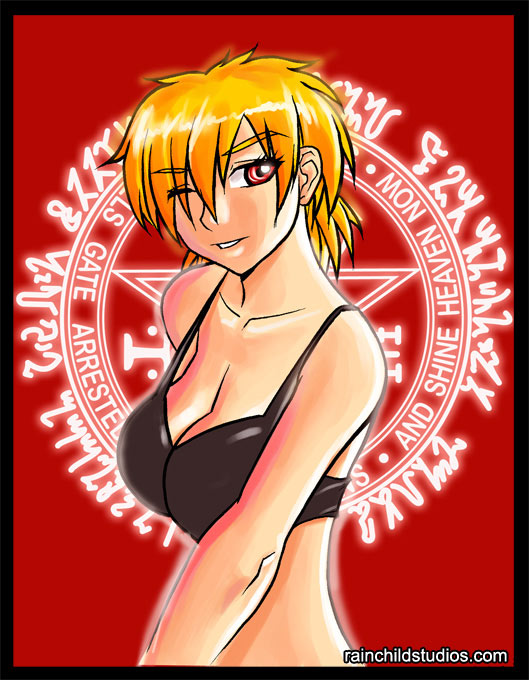 seras victoria, hellsing, 1girl, blonde hair, bra, breasts, cleavage, female focus, large breasts, lingerie, red eyes, solo, underwear, upper body, vampire