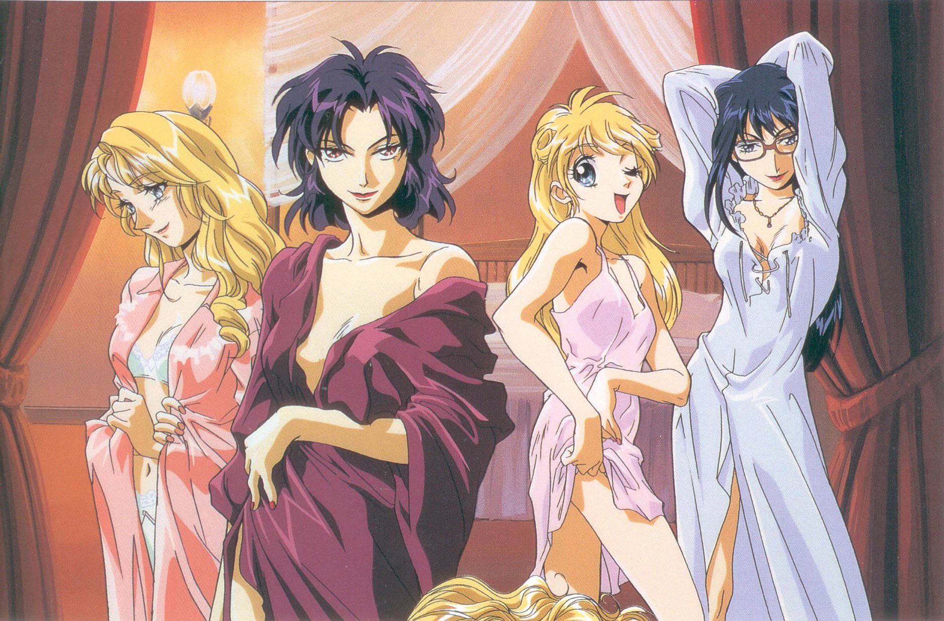azalie cait sith, cleo everlastin, mariabella everlastin, stephanie, majutsushi orphen, highres, scan, 4girls, black hair, blonde hair, bra, glasses, lingerie, long hair, multiple girls, one eye closed, open mouth, panties, purple hair, short hair, trap, underwear, undressing, wink