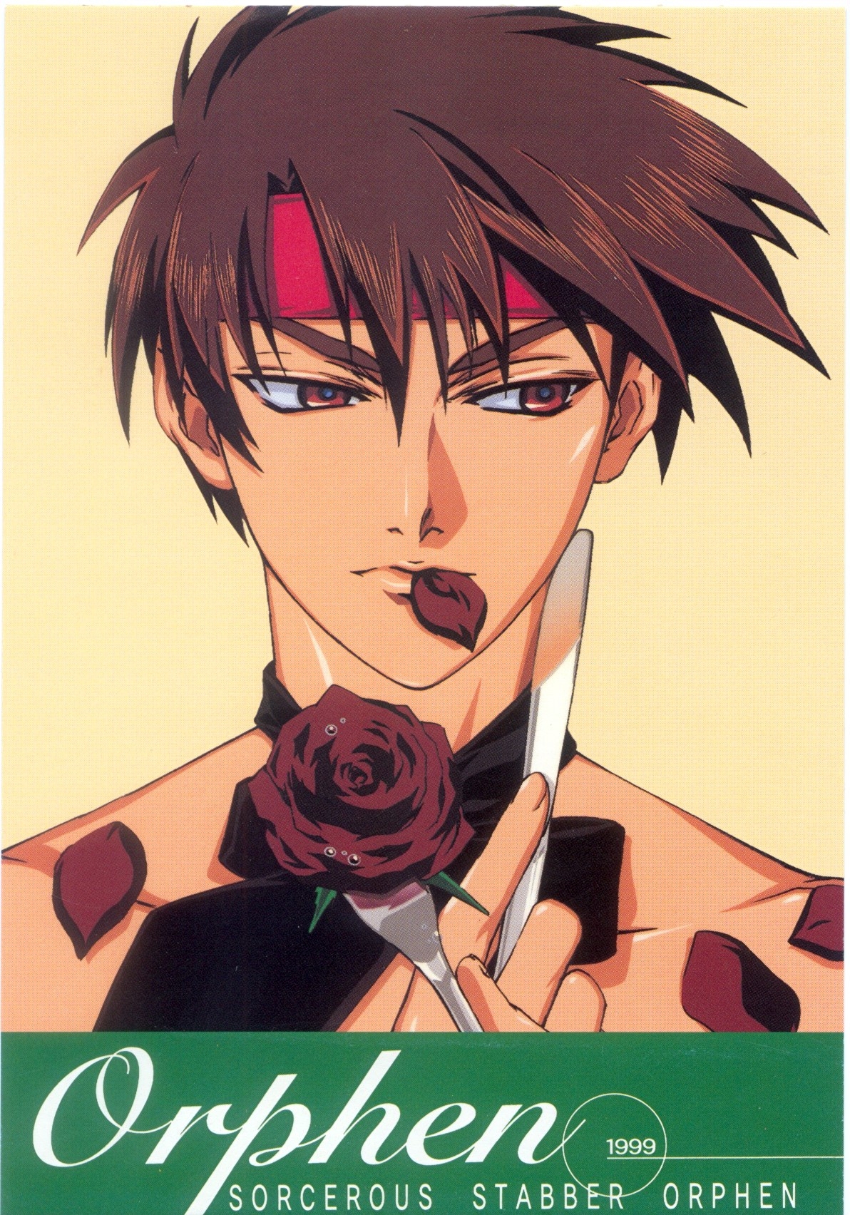 sawada hajime, orphen, majutsushi orphen, highres, scan, 1boy, brown eyes, brown hair, chocolate, flower, headband, male focus, petals, rose, solo, topless male