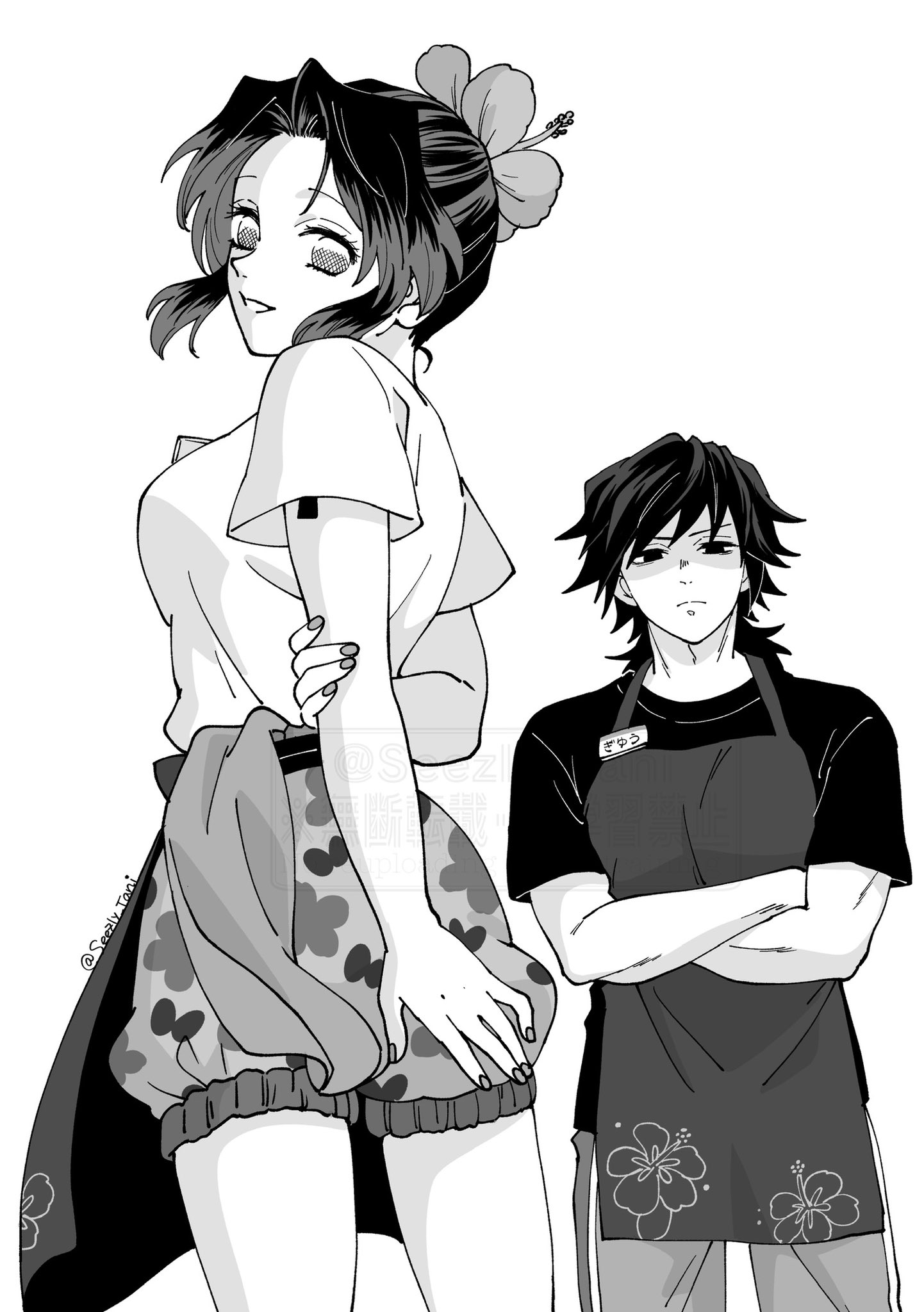 seezly tani, kochou shinobu, tomioka giyuu, kimetsu no yaiba, commentary request, highres, 1boy, 1girl, alternate costume, apron, arm behind back, black shirt, breasts, closed mouth, contemporary, cowboy shot, crossed arms, floral print, floral print apron, floral print shorts, flower, greyscale, hair between eyes, hair flower, hair ornament, hibiscus, light frown, long hair, low ponytail, medium breasts, monochrome, pants, parted bangs, parted lips, ponytail, print apron, print shorts, puffy shorts, shaded face, shirt, short sleeves, shorts, sidelocks, smile, striped clothes, striped pants, t-shirt, twitter username, updo, waist apron, white background, white shirt
