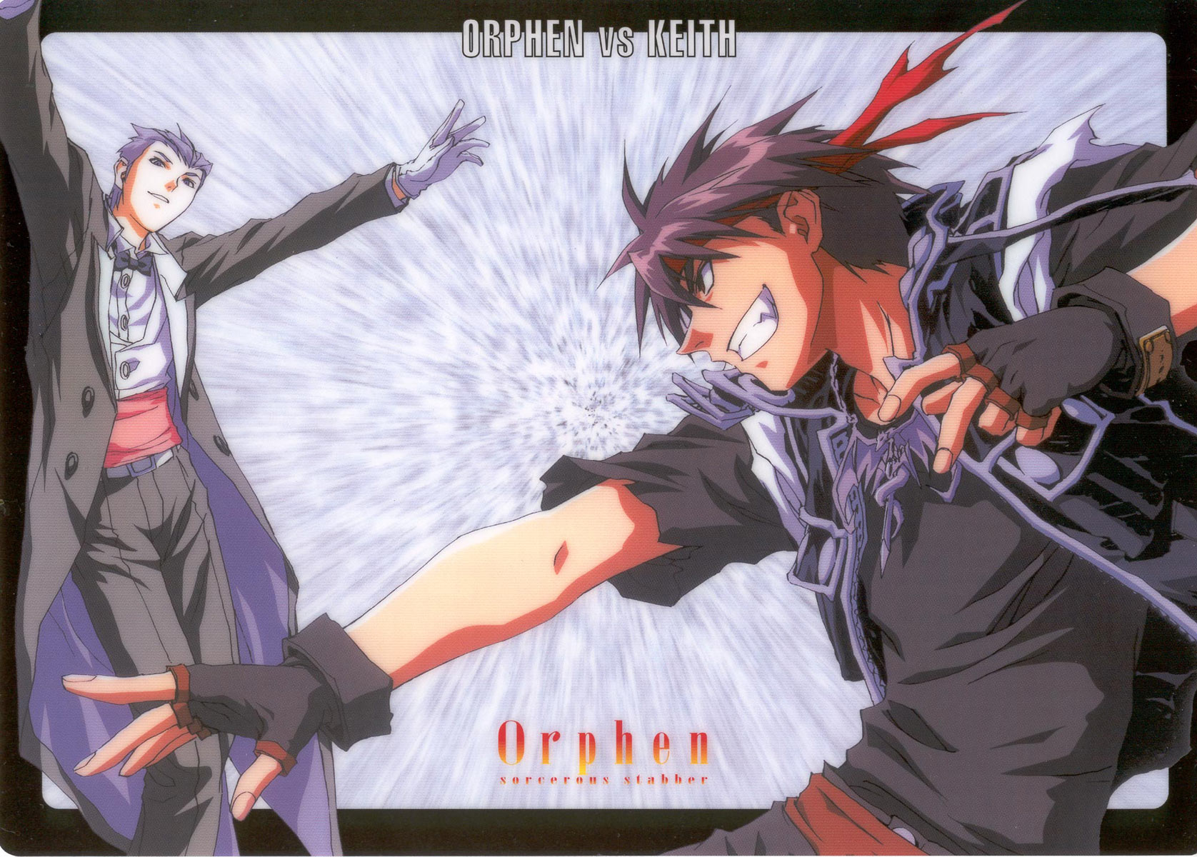 keith royal, orphen, majutsushi orphen, highres, scan, 2boys, black hair, fingerless gloves, gloves, headband, male focus, multiple boys