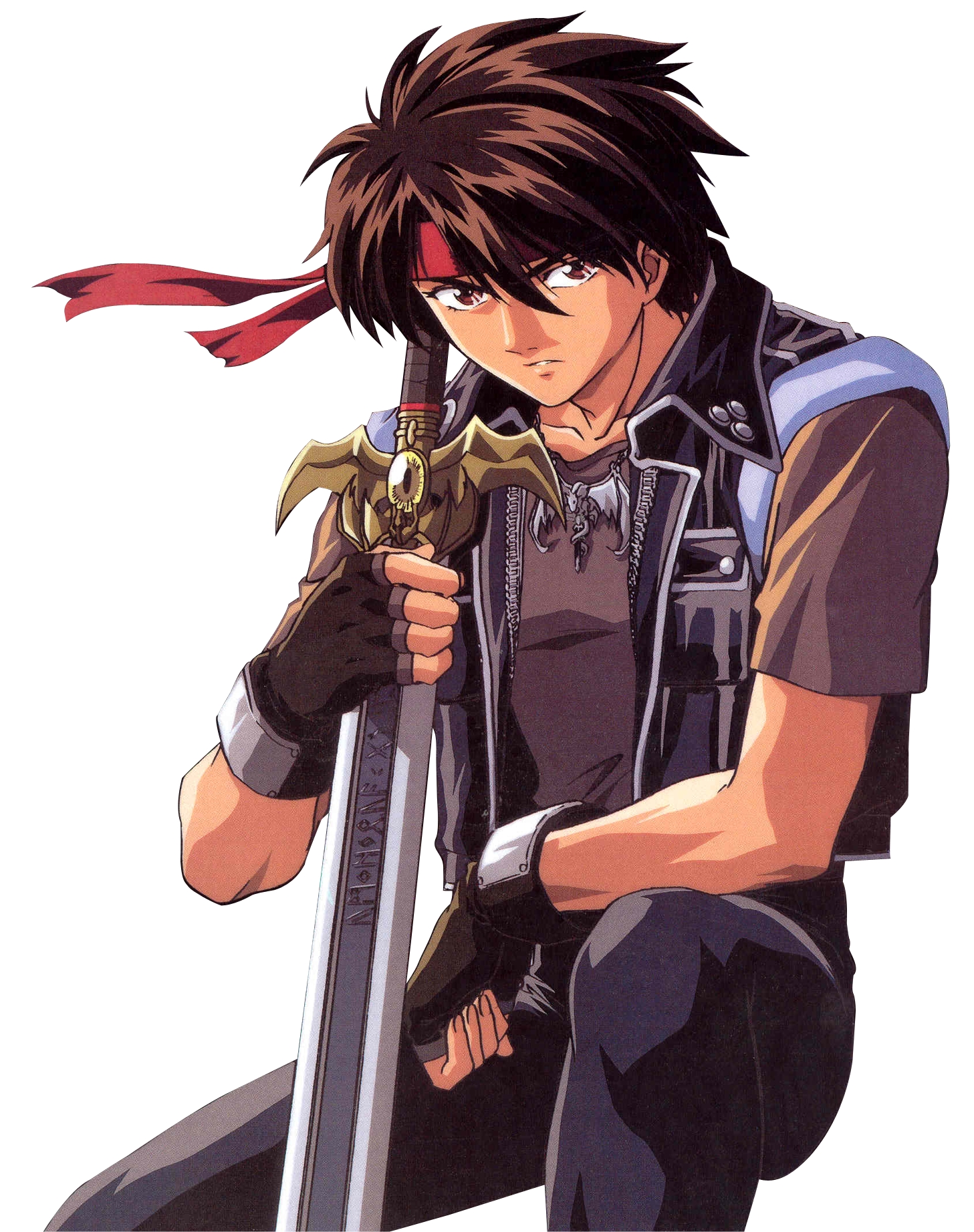 orphen, majutsushi orphen, highres, scan, 1boy, black hair, brown eyes, fingerless gloves, gloves, headband, male focus, solo, sword, weapon