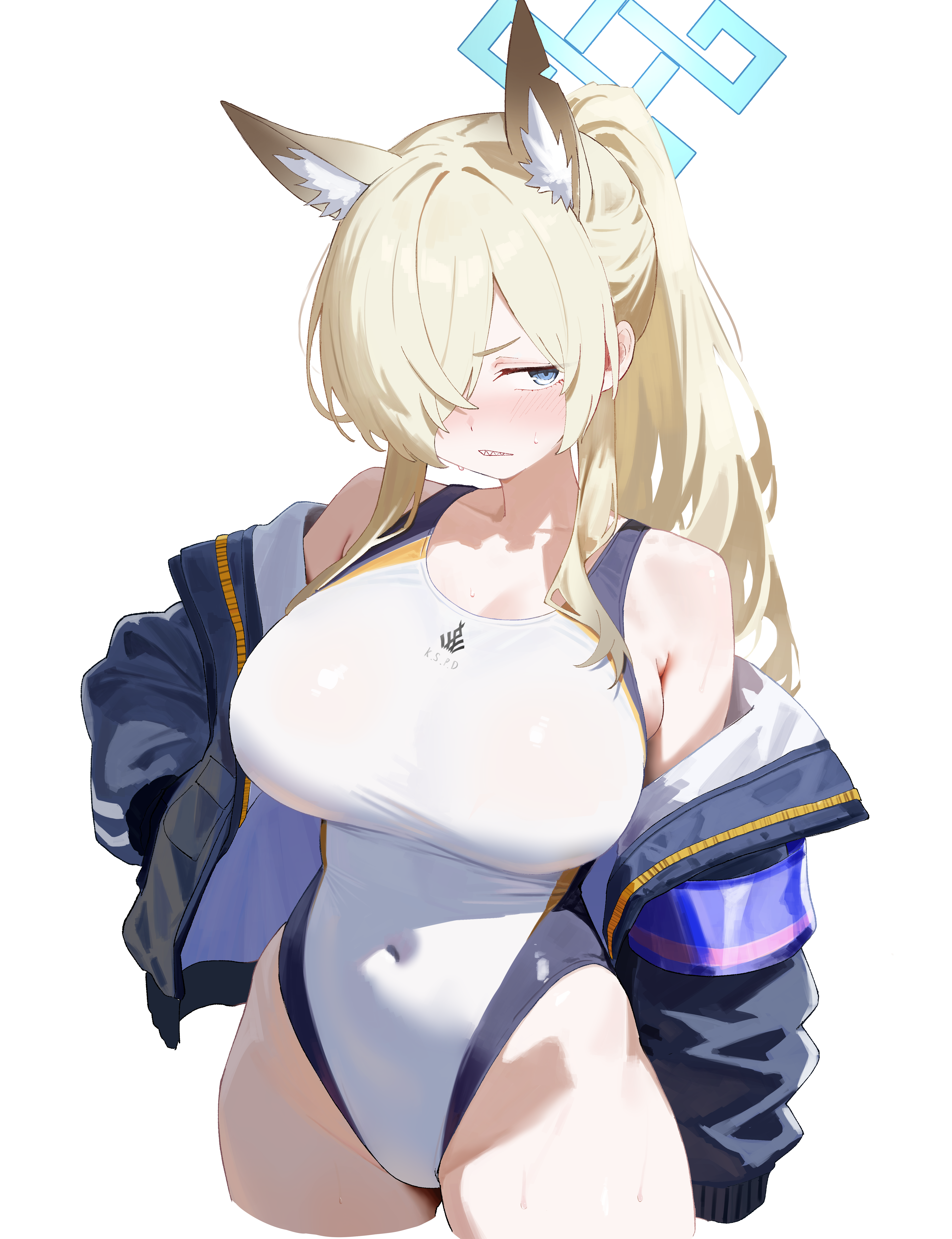yue3621, kanna (blue archive), kanna (swimsuit) (blue archive), blue archive, absurdres, commentary, highres, 1girl, animal ear fluff, animal ears, armband, armpit crease, bare shoulders, black jacket, blonde hair, blue armband, blue eyes, blush, breasts, collarbone, covered navel, cropped legs, curvy, extra ears, hair over one eye, halo, hand in pocket, highleg, highleg one-piece swimsuit, jacket, jacket partially removed, large breasts, long hair, looking at viewer, nude, official alternate costume, one-piece swimsuit, one eye covered, ponytail, sharp teeth, simple background, skindentation, solo, sweatdrop, swimsuit, teeth, thick thighs, thighs, very long hair, white background, white one-piece swimsuit