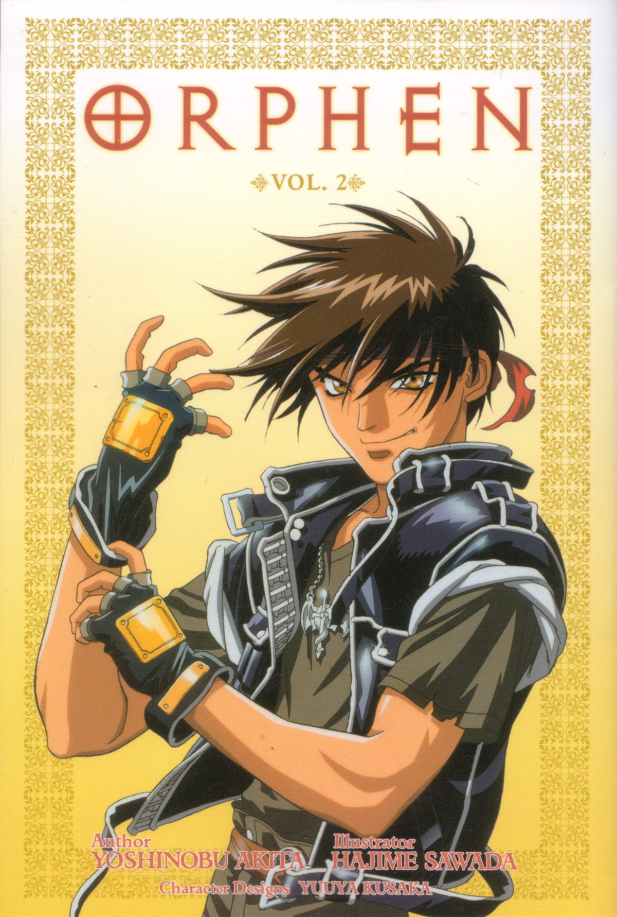 sawada hajime, orphen, majutsushi orphen, highres, scan, 1boy, black hair, brown eyes, fingerless gloves, gloves, headband, male focus, solo