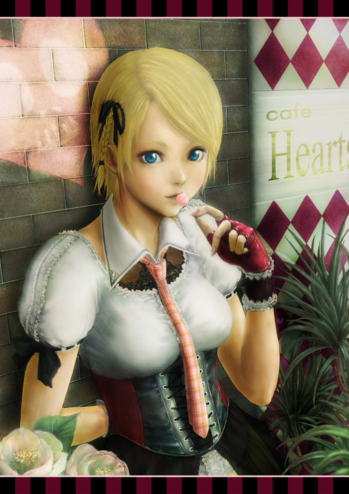 rinzou (dangan), original, bad id, bad pixiv id, blonde hair, blue eyes, braid, candy, corset, fingerless gloves, flower, food, gloves, goth fashion, lollipop, necktie, short hair, solo