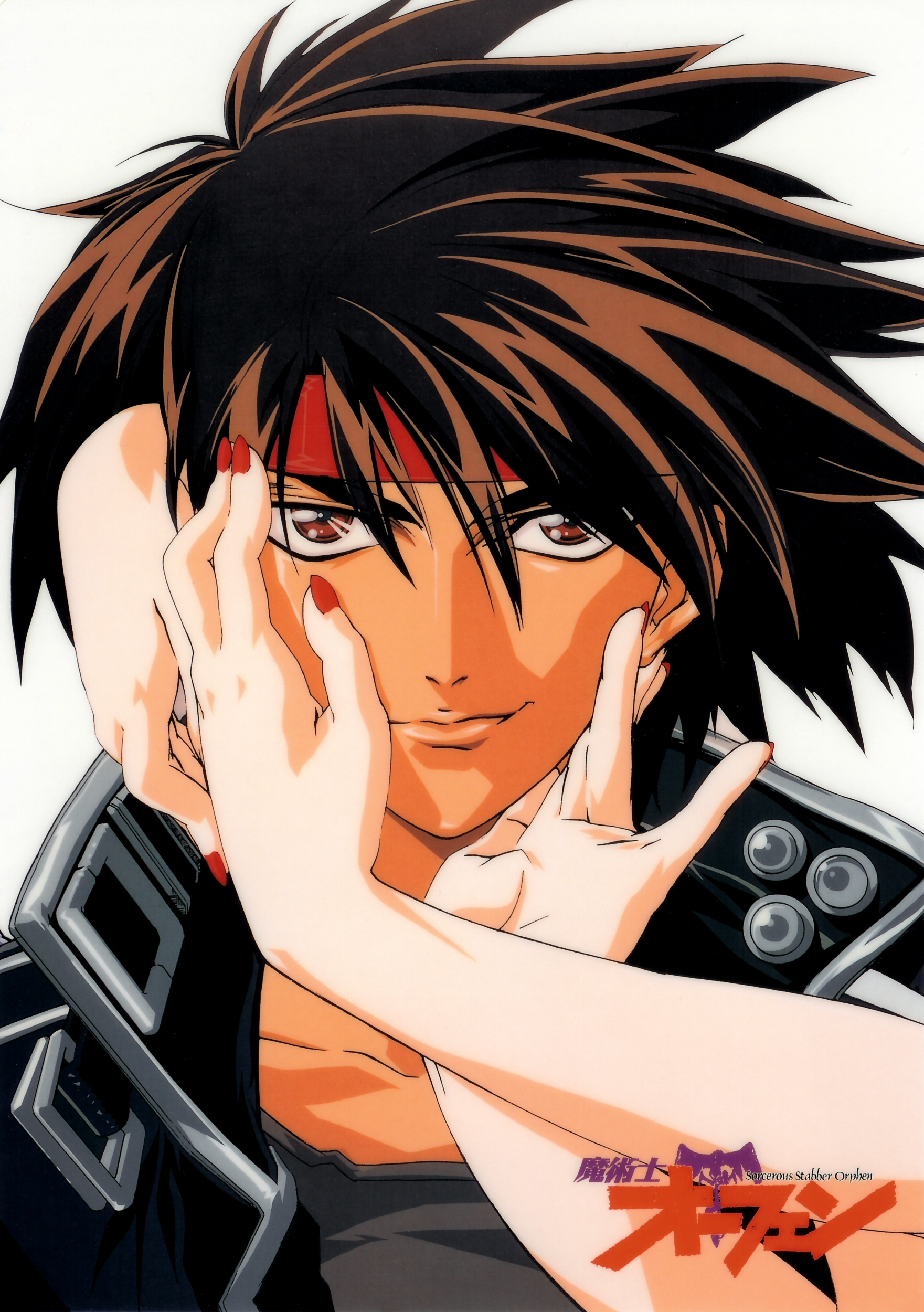 orphen, majutsushi orphen, absurdres, highres, scan, 1boy, black hair, brown eyes, headband, male focus, nail polish, red nails, solo