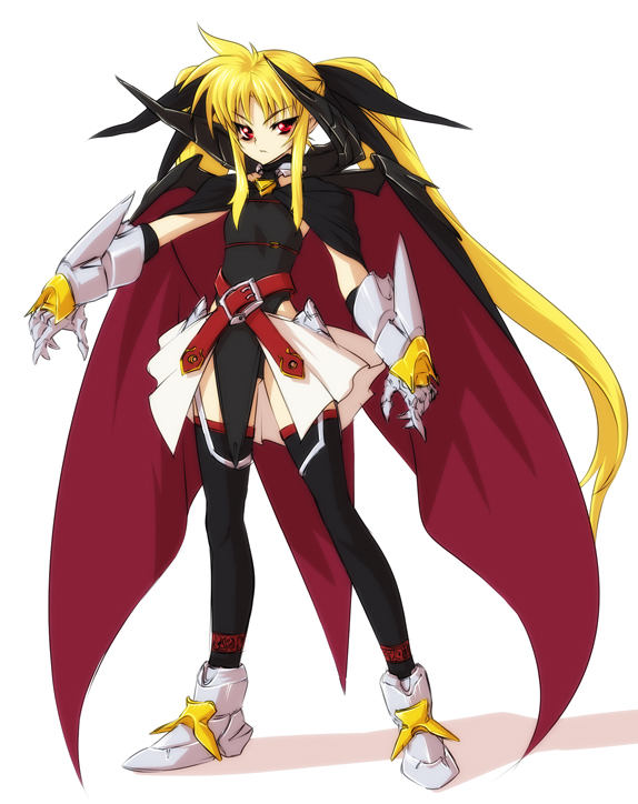 nekomamire, fate testarossa, lyrical nanoha, mahou shoujo lyrical nanoha, 00s, 1girl, adapted costume, armor, belt, black thighhighs, blonde hair, cape, female focus, flat chest, frown, full body, gauntlets, hair ribbon, long hair, red eyes, ribbon, solo, thighhighs, twintails, very long hair