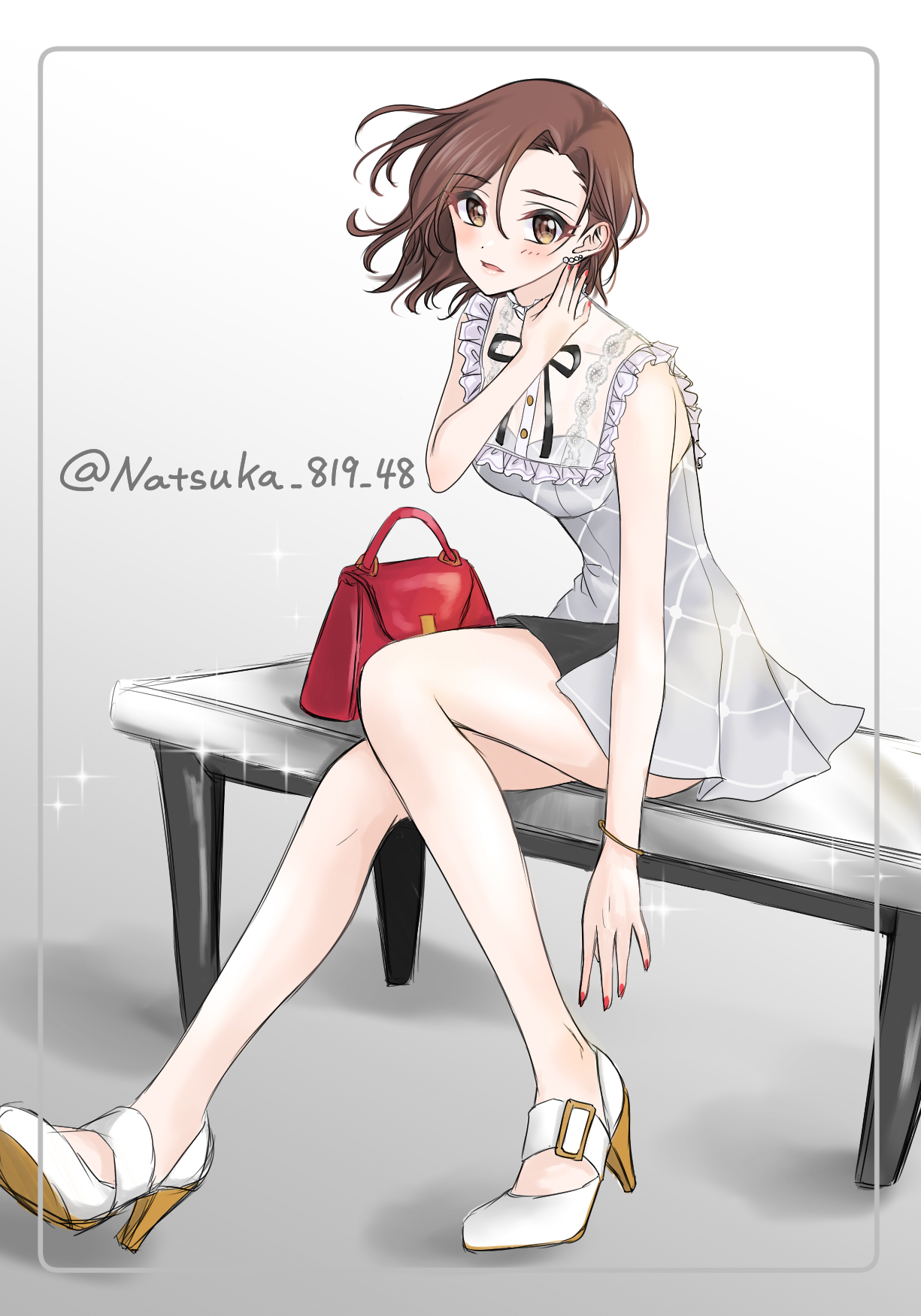 natsuka (pwkf8487), mizuki seira, idolmaster, idolmaster cinderella girls, highres, 1girl, bag, bare legs, black ribbon, blush, breasts, brown hair, dress, earrings, fingernails, floating hair, frilled dress, frills, full body, grey dress, handbag, high heels, jewelry, looking at viewer, medium breasts, nail polish, neck ribbon, red bag, ribbon, shoes, sitting, sleeveless, sleeveless dress, solo, twitter username, white shoes
