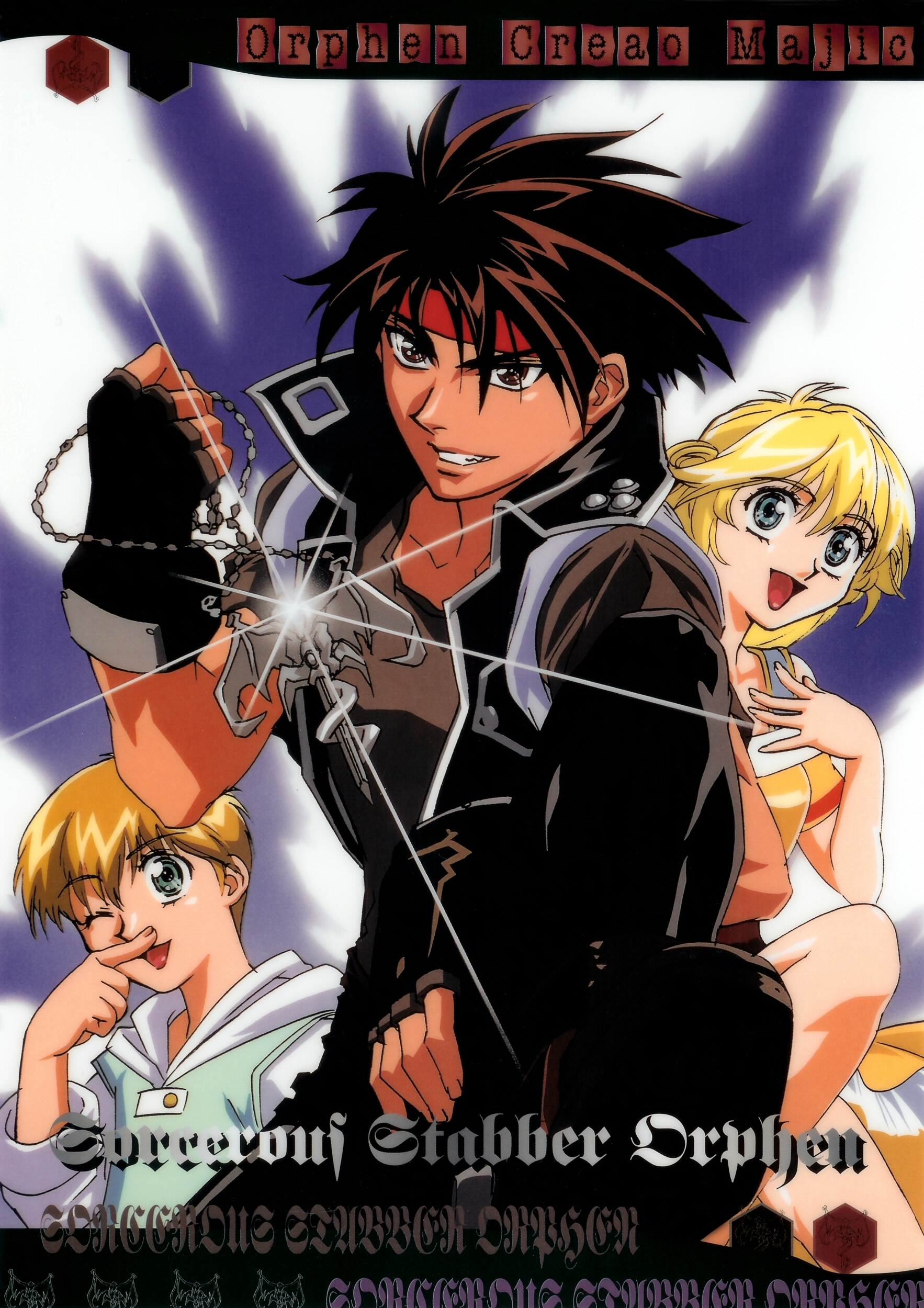 cleo everlastin, majic lin, orphen, majutsushi orphen, absurdres, highres, scan, 1girl, 2boys, black hair, blonde hair, blue eyes, fingerless gloves, gloves, headband, long hair, multiple boys, one eye closed, open mouth