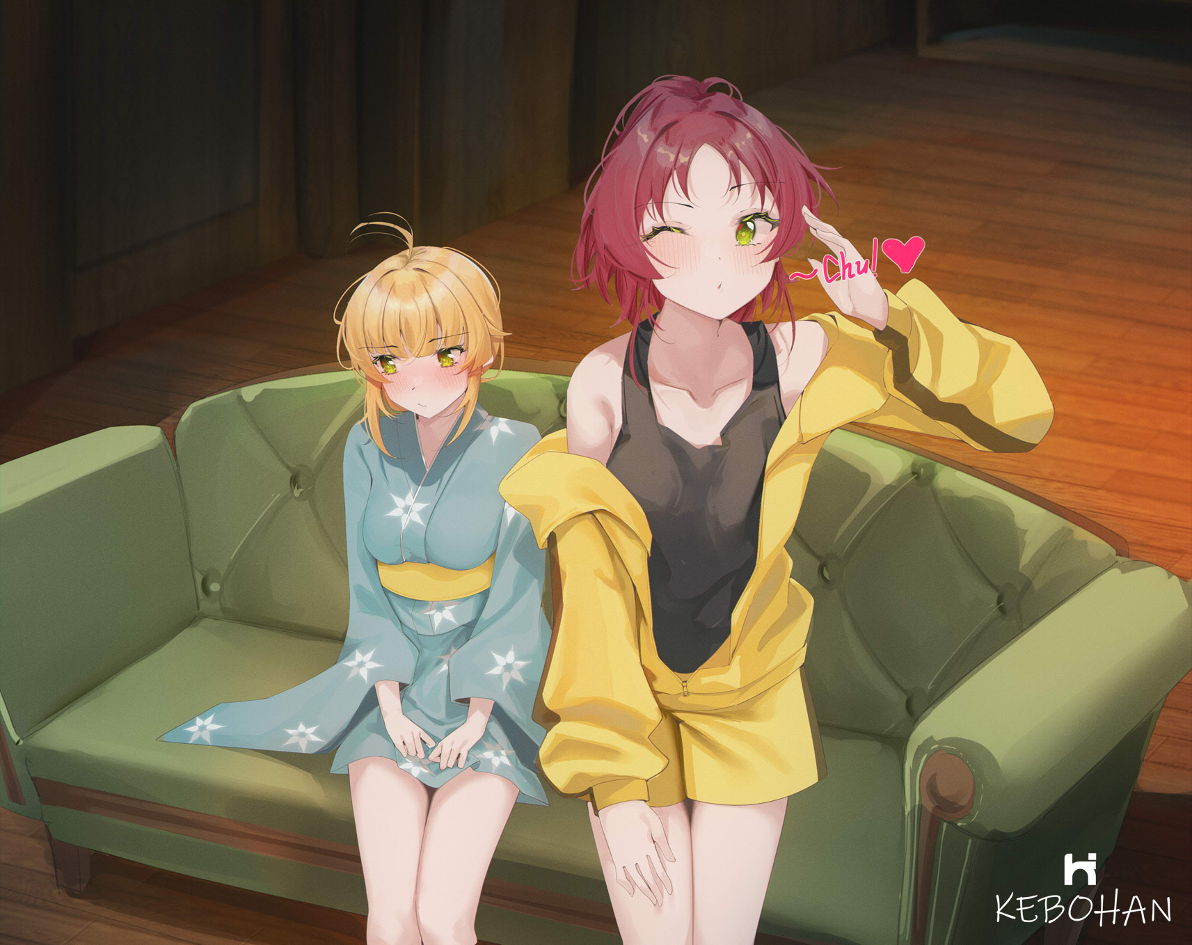 kebohan, aisha greyrat, araragi karen, araragi tsukihi, norn greyrat, monogatari (series), mushoku tensei, commentary, commission, english commentary, highres, 2girls, ahoge, araragi karen (cosplay), araragi tsukihi (cosplay), black shirt, black tank top, blonde hair, blush, breasts, closed mouth, collarbone, cosplay, green eyes, green kimono, hand on own thigh, hand up, heart, indoors, jacket, japanese clothes, kimono, looking at viewer, multiple girls, obi, off shoulder, open clothes, open jacket, red hair, salute, sash, shirt, short hair, short kimono, shorts, siblings, sisters, sitting, tank top, track jacket, unzipped, yellow jacket, yellow sash, yellow shorts