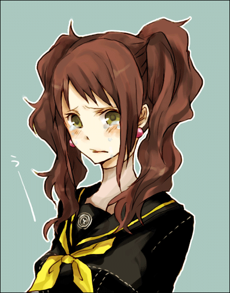 buzz (moi), kujikawa rise, atlus, persona, persona 4, bad id, bad pixiv id, brown hair, earrings, green eyes, jewelry, school uniform, serafuku, solo, tears, twintails