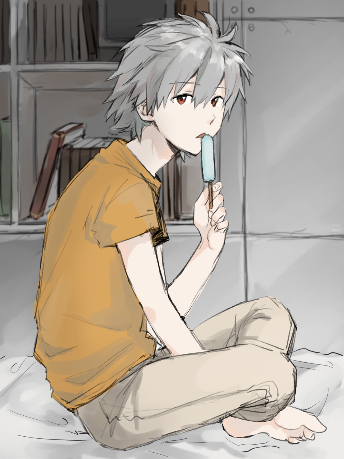 1115takuan, nagisa kaworu, neon genesis evangelion, commentary request, highres, 1boy, barefoot, bookshelf, crossed legs, fingernails, food, from side, full body, grey hair, grey pants, hair between eyes, holding, holding food, holding popsicle, male focus, orange shirt, pants, popsicle, red eyes, shirt, short hair, sitting, soles, solo, triangle mouth
