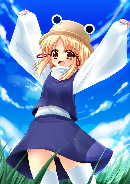 yukizuki chikuba, moriya suwako, touhou, 1girl, arms up, censored, cloud, convenient censoring, day, female focus, hat, looking at viewer, no panties, open mouth, outdoors, sky, solo, thighhighs, white thighhighs