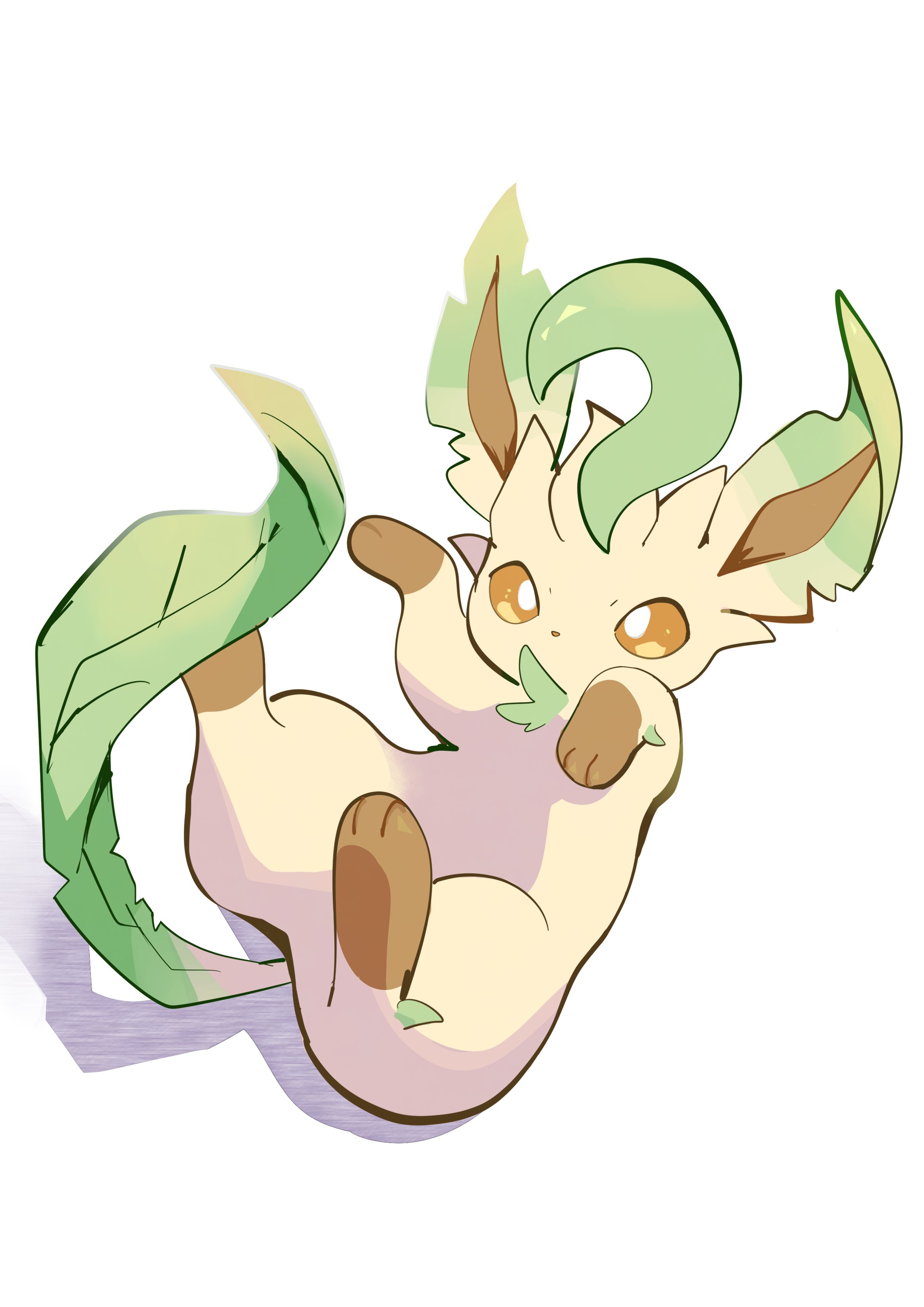 komanychi, leafeon, nintendo, pokemon, absurdres, highres, animal focus, brown eyes, brown sclera, colored sclera, cool colored, gen 4 pokemon, green fur, leaf, looking at viewer, lying, no humans, on back, pokemon (creature), pokemon focus, simple background, solo, tail, yellow fur