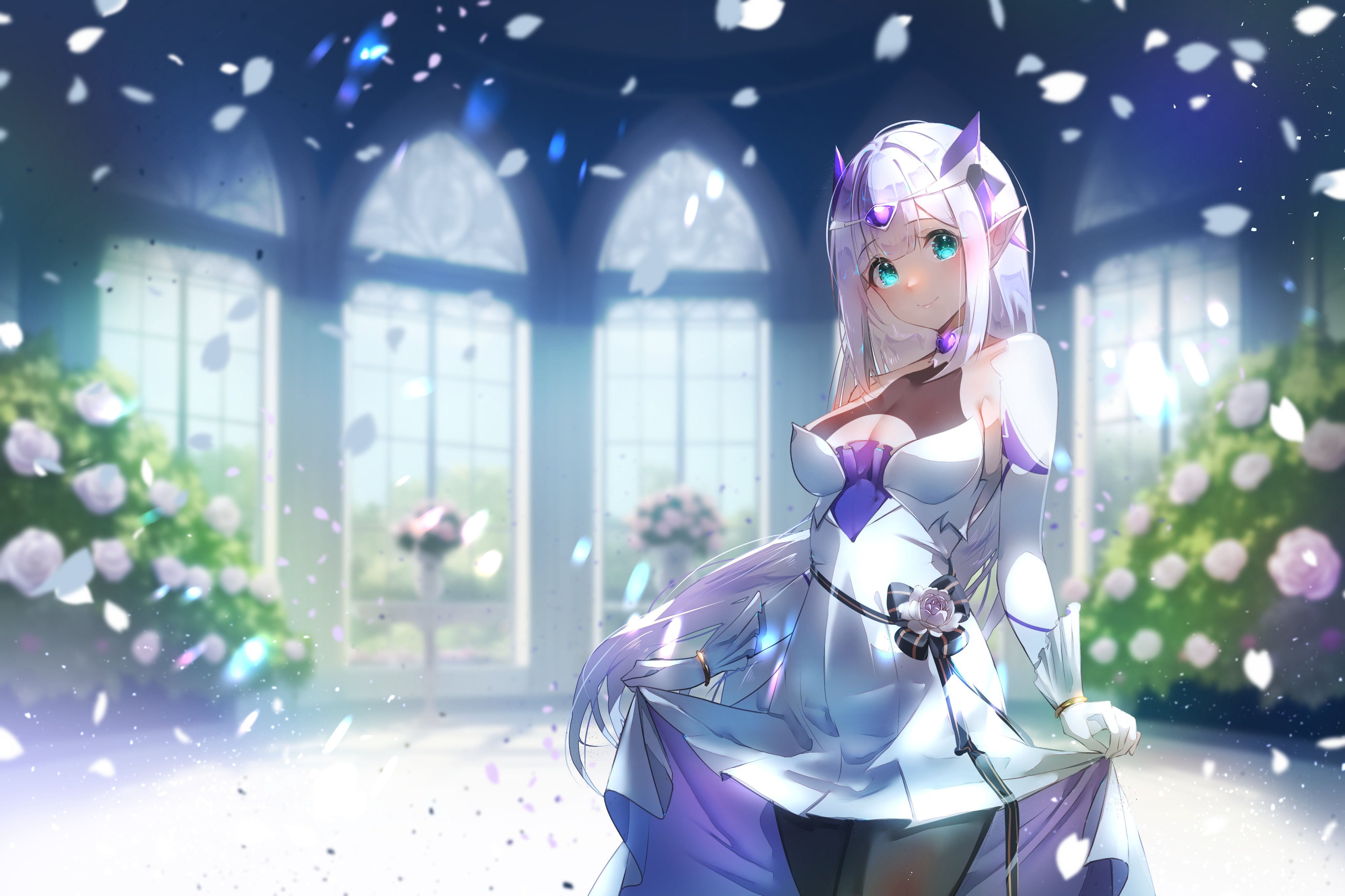 negativetabami, indie virtual youtuber, absurdres, highres, second-party source, 1girl, aqua eyes, black bow, black pantyhose, bow, breasts, cleavage, closed mouth, dress, falling petals, flower, gloves, grey hair, long hair, mirynth (vtuber), pantyhose, petals, pointy ears, rose, smile, solo, striped bow, virtual youtuber, white dress, white flower, white gloves, white petals, white rose