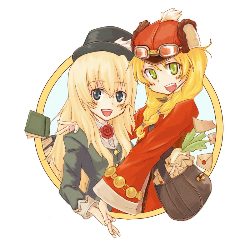 anette, selphy, rune factory, rune factory frontier, 2girls, :d, bag, blonde hair, blue eyes, book, braid, fingernails, food, fur trim, goggles, goggles on headwear, green eyes, hand on another's shoulder, hat, holding hands, leaf, long hair, mailman, multiple girls, open mouth, red hat, shoulder bag, smile, topotyann, turnip, twin braids, upper body, vegetable, wide sleeves